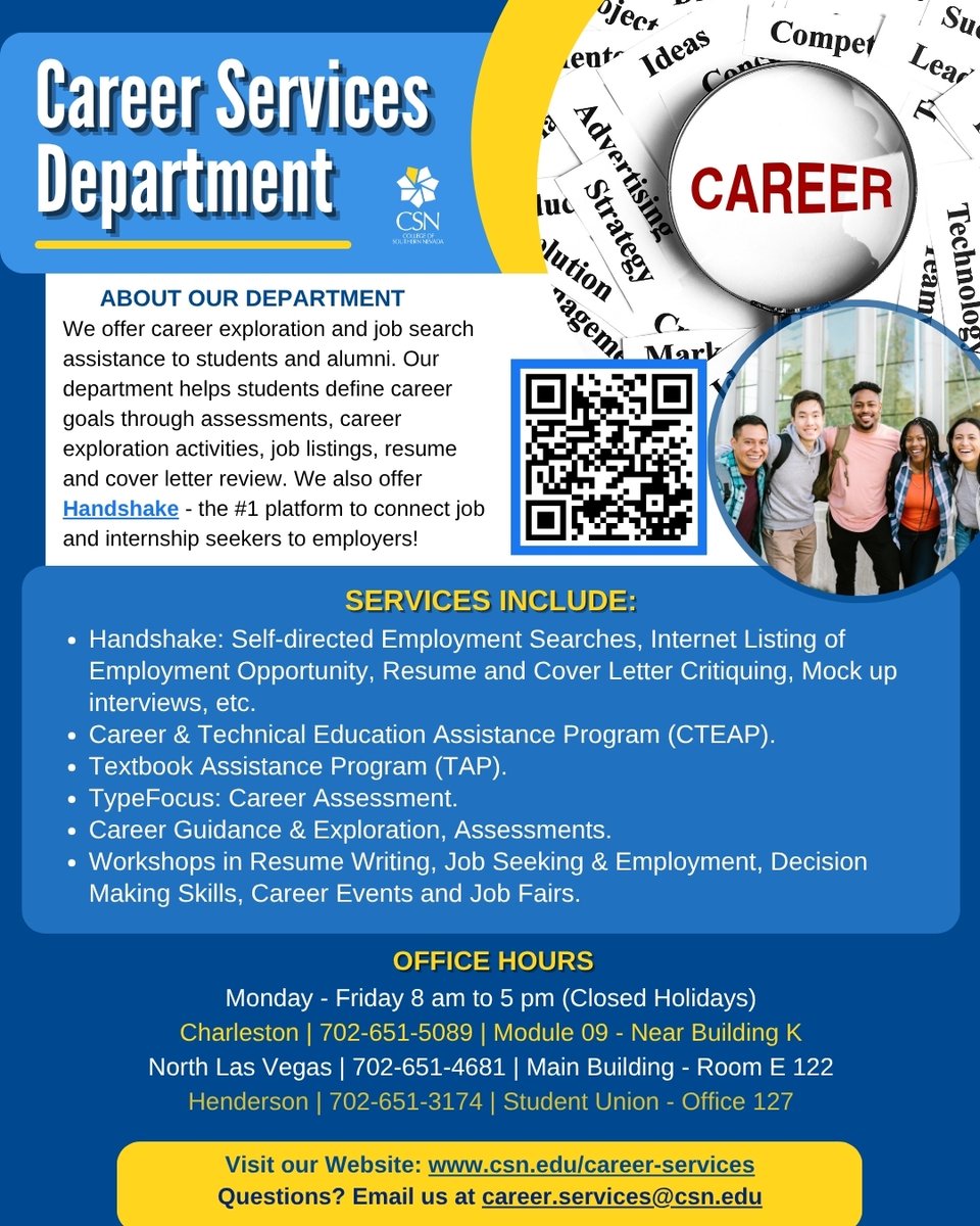 CSNCareerServ's tweet image. Looking for career support at CSN? 📝📷 Career Services offers resume help, mock interviews, job search tips, and textbook assistance too! Explore all they offer: csn.edu/career-services #CSNStudents #CareerReady #CSNSupport