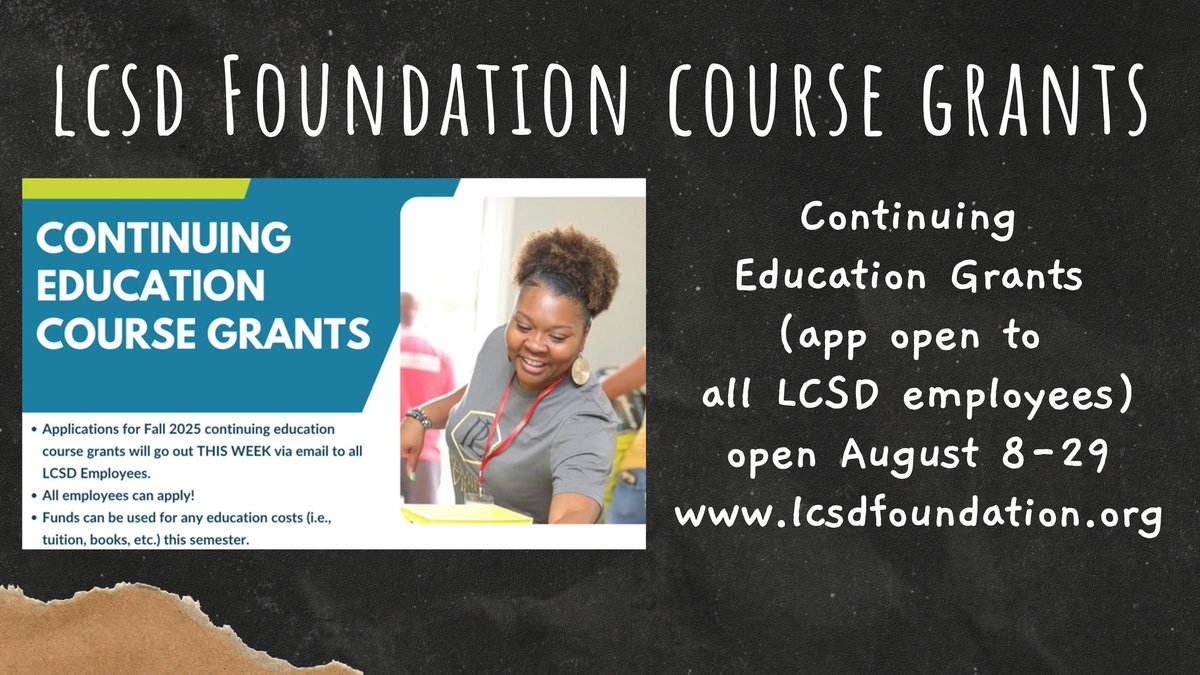 LCSDFoundation's tweet photo. We're thrilled to announce that applications for Fall 2025 Continuing Education Grants are now open for @LauderdaleCSD employees!
🗓 Apps are due end of August
🔗 Link is in your inbox
❤️ Have questions? We're here to help!
#LCSDFoundation https://t.co/g60vge5OfY