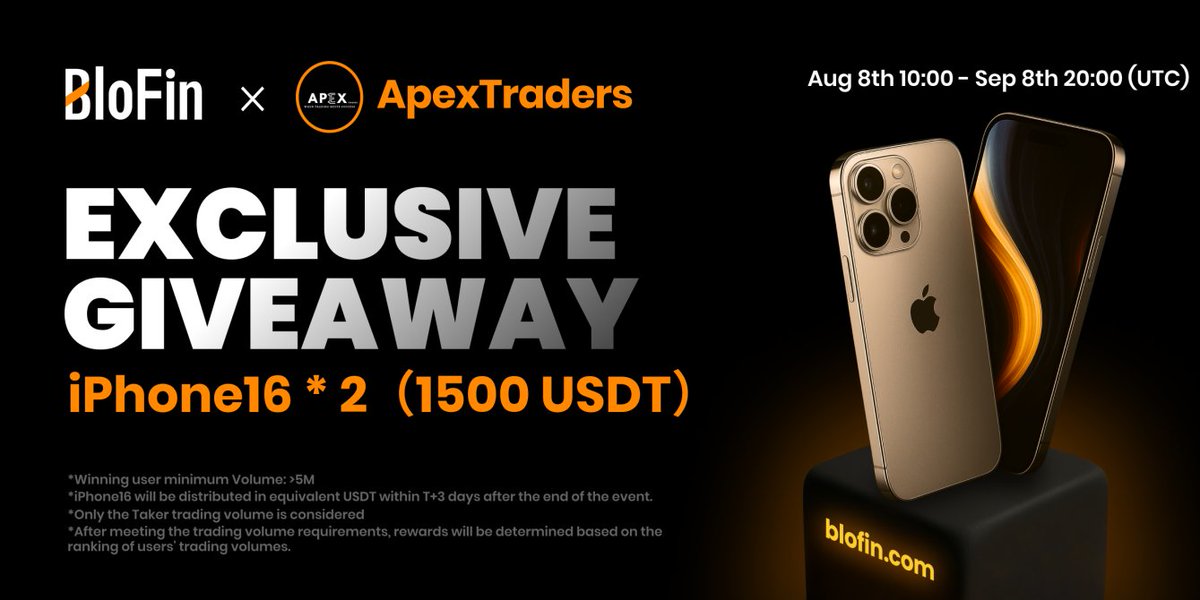 VoltaXBT's tweet image. 🚨 EXCLUSIVE GIVEAWAY 🚨
BloFin ✕ ApexTraders are giving away:
📱 2× iPhone 16 (or 1500 USDT)
🗓 Aug 8th 10:00 – Sep 8th 20:00 (UTC)
💰 How to Win:
Minimum trading volume: 5M USDT (Taker volume only)
Rewards in USDT will be sent within T+3 days after event ends
Winners…