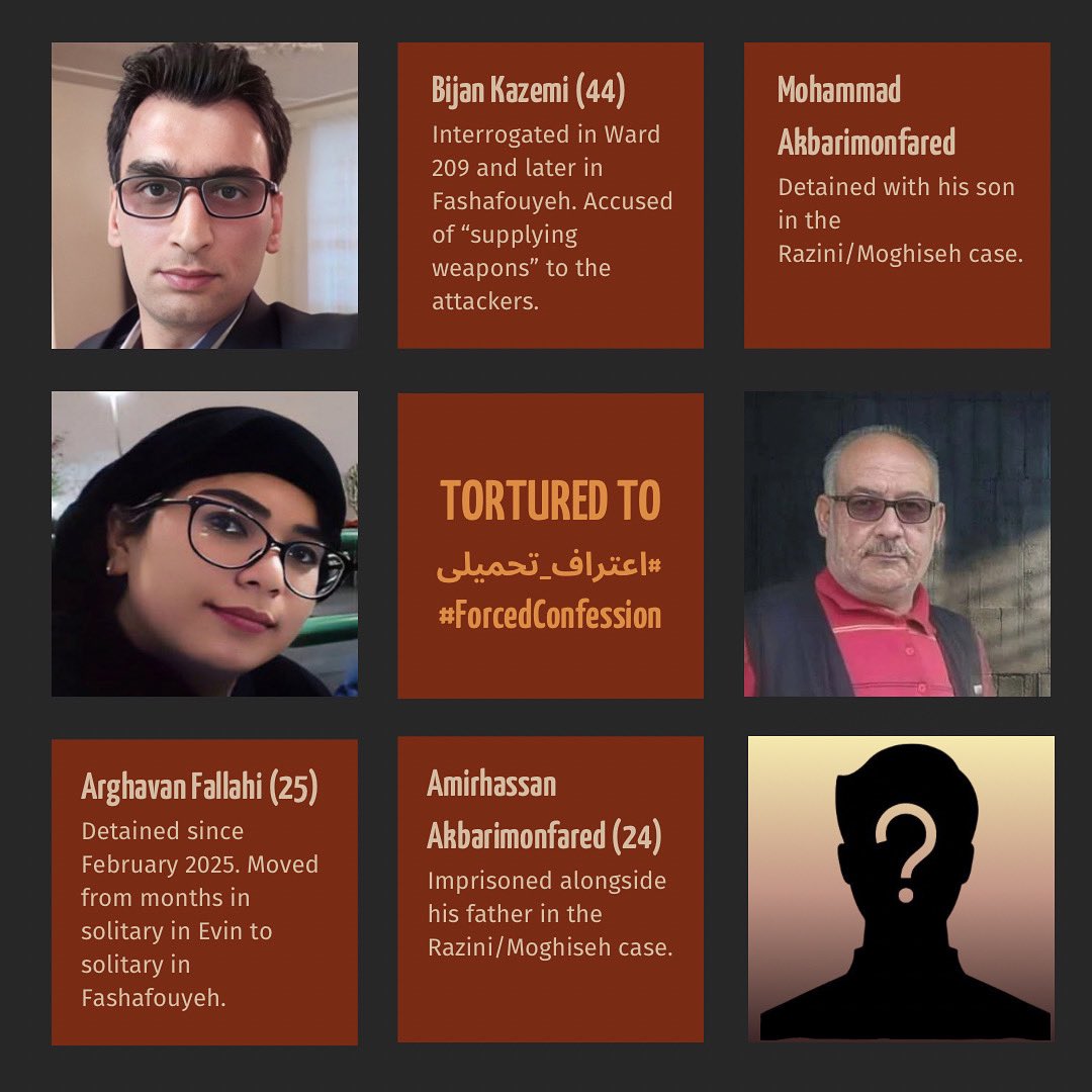 Yzd_Jn's tweet photo. 🟥 Vier politische Gefangene – #ArghavanFallahi, #BijanKazemi, #MohammadAkbariMonfared und sein 24-jähriger Sohn #AmirhosseinAkbariMonfared — sind in einem Fall, der mit dem Tod zweier berüchtigter Regime-Richter der #IRGCterrorists, Moghiseh und Razini, in Verbindung steht, in ernster Gefahr, hohe Haftstrafen zu erhalten.
🟪 Verlässliche Quellen berichten, dass sie gefoltert werden, um erzwungene Geständnisse für Verbrechen zu erpressen, die sie nicht begangen haben.
🟨 Arghavans Vater berichtet, dass sie seit sieben Monaten ohne Beweise festgehalten wird, ihr Telefonate verweigert werden und sie gefoltert wird, um Anklagen zu konstruieren. Sie leidet unter schweren Migräneanfällen, aber man verweigert ihr wahrscheinlich ihre Medikamente, um sie unter Druck zu setzen. In der Nacht der Explosion im Evin-Gefängnis suchte er blutend nach ihr, wurde jedoch von Agenten des Ministeriums mit einer Waffe bedroht.
🟪 Bijans Mutter wurde mitgeteilt, dass ihm alle rechtlichen Ansprüche entzogen werden, sollte er nicht mit den Geheimdienstagenten „kooperieren“. Sein Verhör fand ohne Anwalt statt; obwohl eine Kaution festgesetzt und hinterlegt wurde, weigert sich das Regime, ihn freizulassen.
🟥 Mohammad Akbari Monfareds Gesundheitszustand verschlechtert sich, und ihm wird grundlegende medizinische Versorgung verweigert. Sowohl er als auch sein Sohn stehen unter unerbittlichem Druck, zu gestehen. Sie sind in jeder Hinsicht Geiseln – nicht für die Gerechtigkeit, sondern für Propaganda.