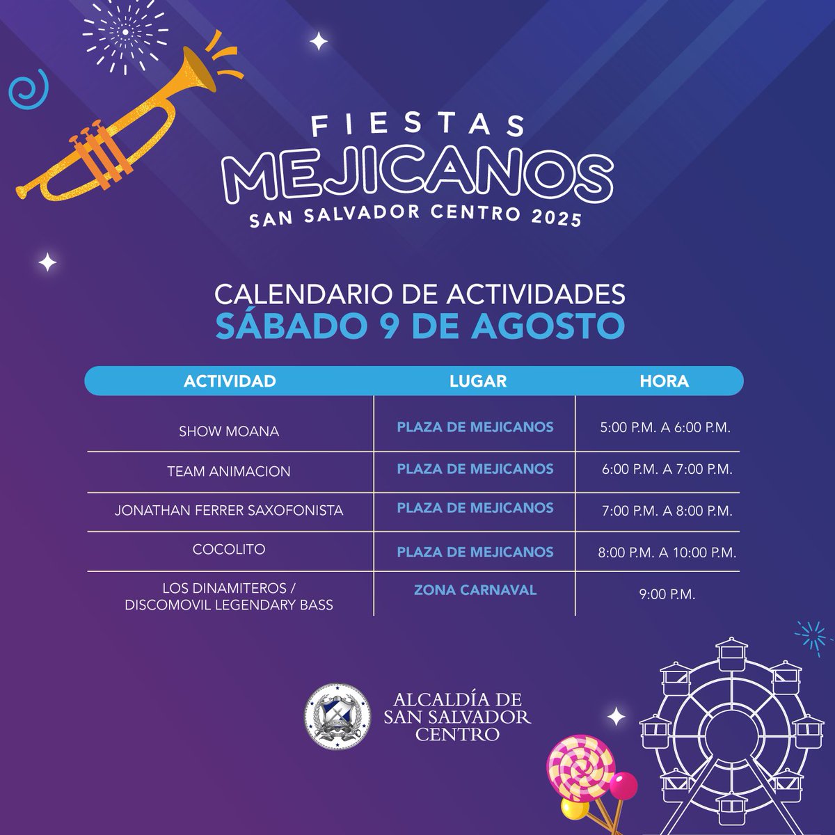 alcaldia_ss's tweet photo. ¡Arrancan las Fiestas del Distrito de Mejicanos 2025!🥳🎉

Mañana viviremos un día lleno de música, color y diversión.

📅Sábado 9 de agosto
📍Plaza de Mejicanos y Zona Carnaval https://t.co/HAf1oJYGRS