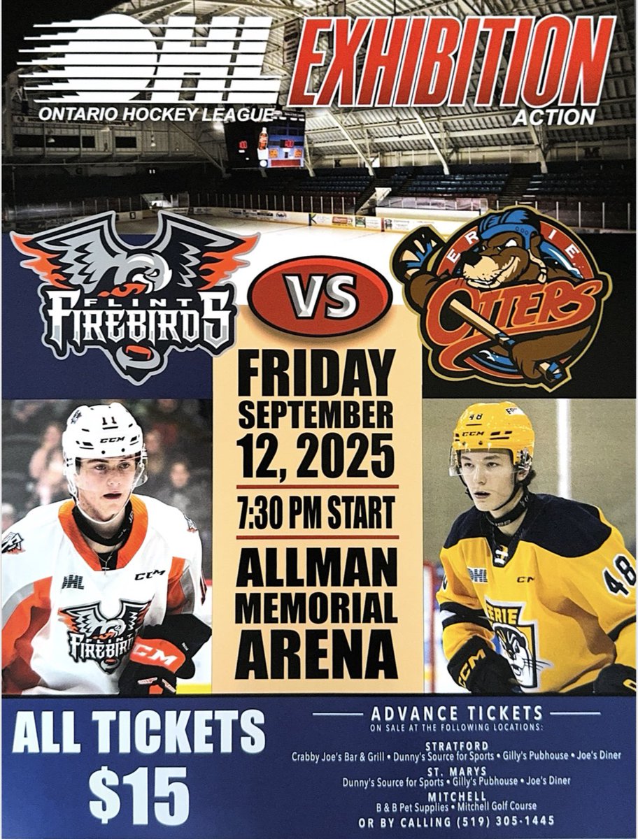 StratWarriors's tweet image. BIG NEWS, STRATFORD! 🚨

OHL hockey is coming to the Historic William Allman Memorial Arena! 🏒🔥

Come watch the Flint Firebirds take on the Erie Otters in an OHL Exhibition Game:

📅 Friday, September 12, 2025
⏰ 7:30 PM
📍 Stratford ON, Allman Memorial Arena