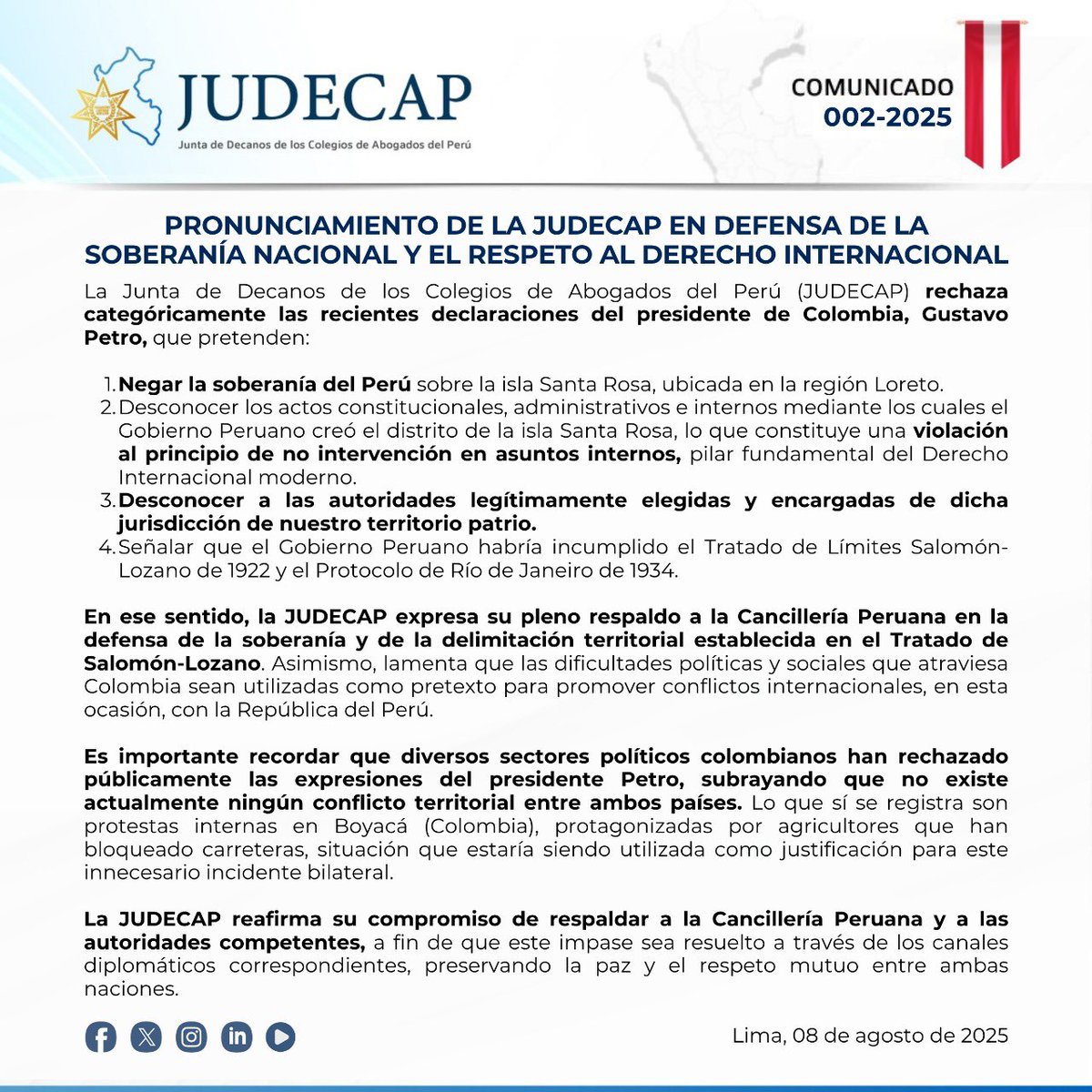 JUDECAP_OFICIAL's tweet image. 🔵 🇵🇪 #COMUNICADO | PRONUNCIAMIENTO DE LA JUDECAP EN DEFENSA DE LA SOBERANÍA NACIONAL Y EL RESPETO AL DERECHO INTERNACIONAL

Lima, 08 de agosto de 2025