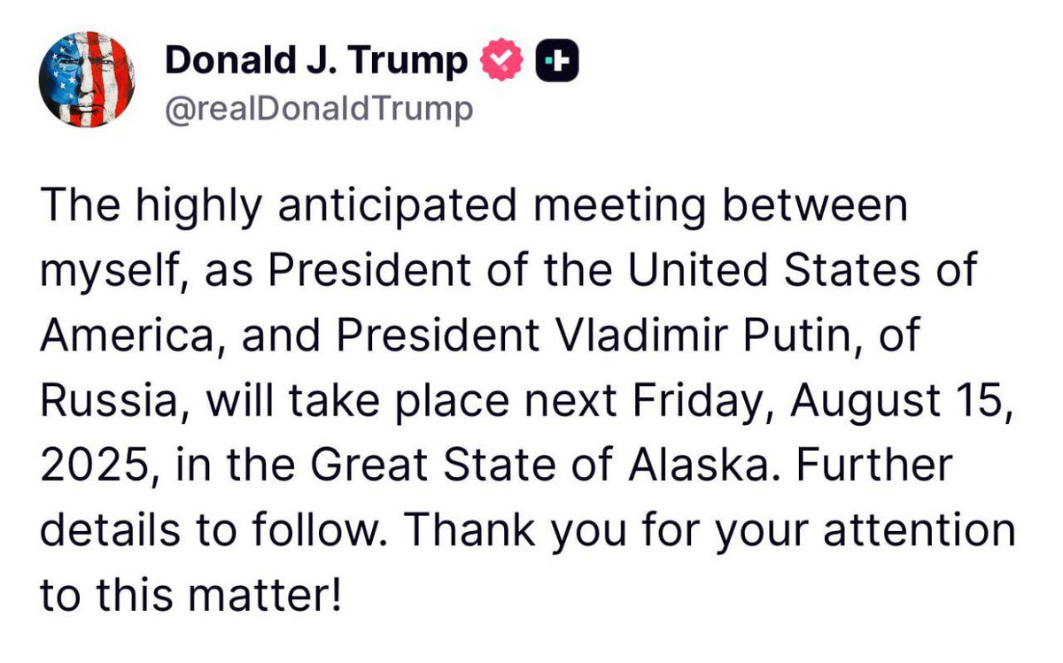 Trump: incontrerò Putin venerdì 15 agosto in Alaska

📰 <a href="/ultimoranet/">Ultimora.net</a>