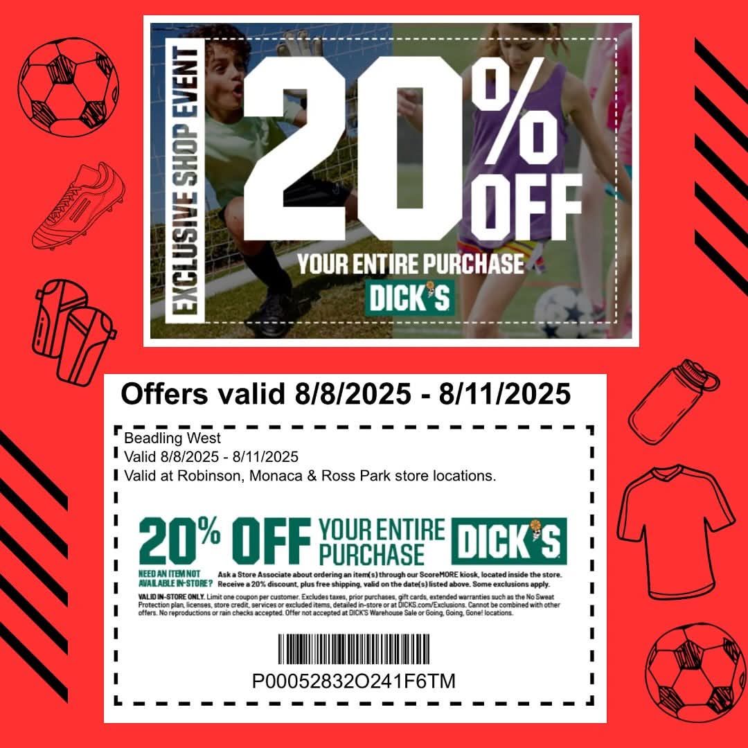 CkPens1's tweet photo. Coupon weekend:
Dicks Sporting Good locations:
* Robinson Town Centre
* Beaver Valley Mall - Monaca
* House of Sport - Ross Park Mall https://t.co/eyd0cwZyMD