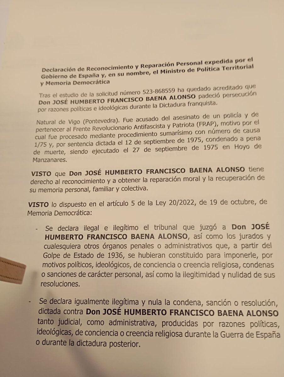 Boa nova para empezar agosto!! Humberto Baena recoñecido e restiduido. Os seus perpetradores sinalados