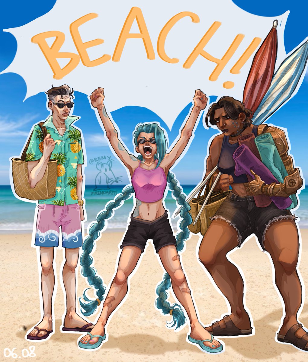 i can draw whatever i want . and this includes zaunfam at the beach

sevika would wear birkenstocks yes

#jinx #silco #sevika