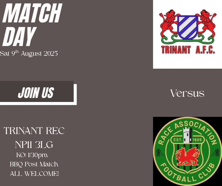 Trinant A.F.C (@trinantfc) on Twitter photo Join us as we continue pre season preparations with a home clash against <a href="/RaceAFC/">Race Association Football Club</a>!
Post match there will be a barbecue with plenty of refreshments available to go with it! We hope to see as many old and new faces supporting the lads. See you all there!
#UPPATROGGS Join us as we continue pre season preparations with a home clash against <a href="/RaceAFC/">Race Association Football Club</a>!
Post match there will be a barbecue with plenty of refreshments available to go with it! We hope to see as many old and new faces supporting the lads. See you all there!
#UPPATROGGS