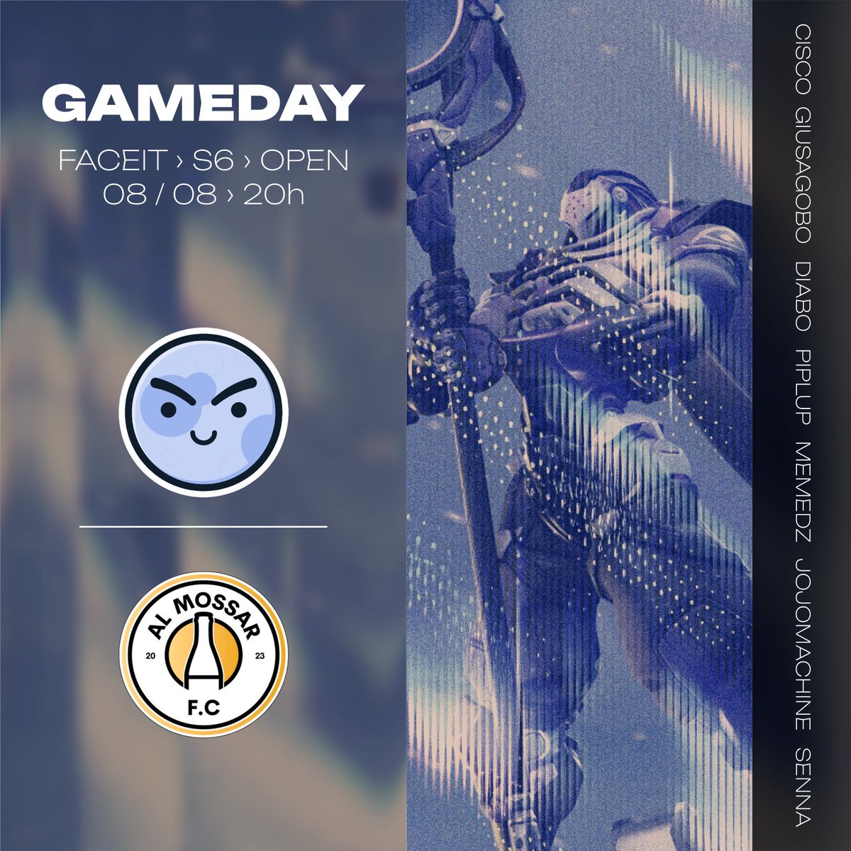 🌕✨ E VAMO ESTREAR NA TEMPORADA! ✨🌕

Hoje, daqui a pouco às 20h, vamos encarar o Al Mossar FC pela Faceit na nossa estreia da Season 6!

Prontíssimos para lutar até o fim!🌙
#NoiteDeLuaCheia