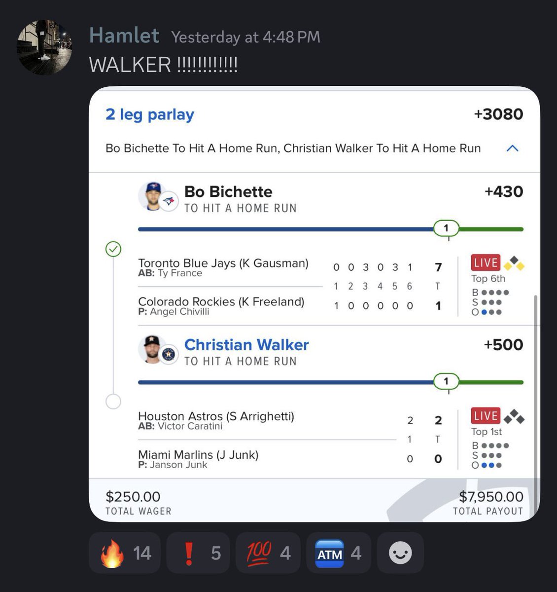 Jared Block (@jaredrblock) on Twitter photo I will give away $25 cash if the following MLB player props hit tonight:
Marsee o1.5 HRR
Woodruff o17.5 PO
Senga o2.5 ER
Herrera o1.5 HRR
McGreevy o2.5 ER
Castillo o5.5 Strikeouts
Lee o1.5 HRR
π€ Must be following <a href="/trinityanalytic/">Trinity Analytics</a> account and I + like this post to qualify. I will give away $25 cash if the following MLB player props hit tonight:
Marsee o1.5 HRR
Woodruff o17.5 PO
Senga o2.5 ER
Herrera o1.5 HRR
McGreevy o2.5 ER
Castillo o5.5 Strikeouts
Lee o1.5 HRR
π€ Must be following <a href="/trinityanalytic/">Trinity Analytics</a> account and I + like this post to qualify.