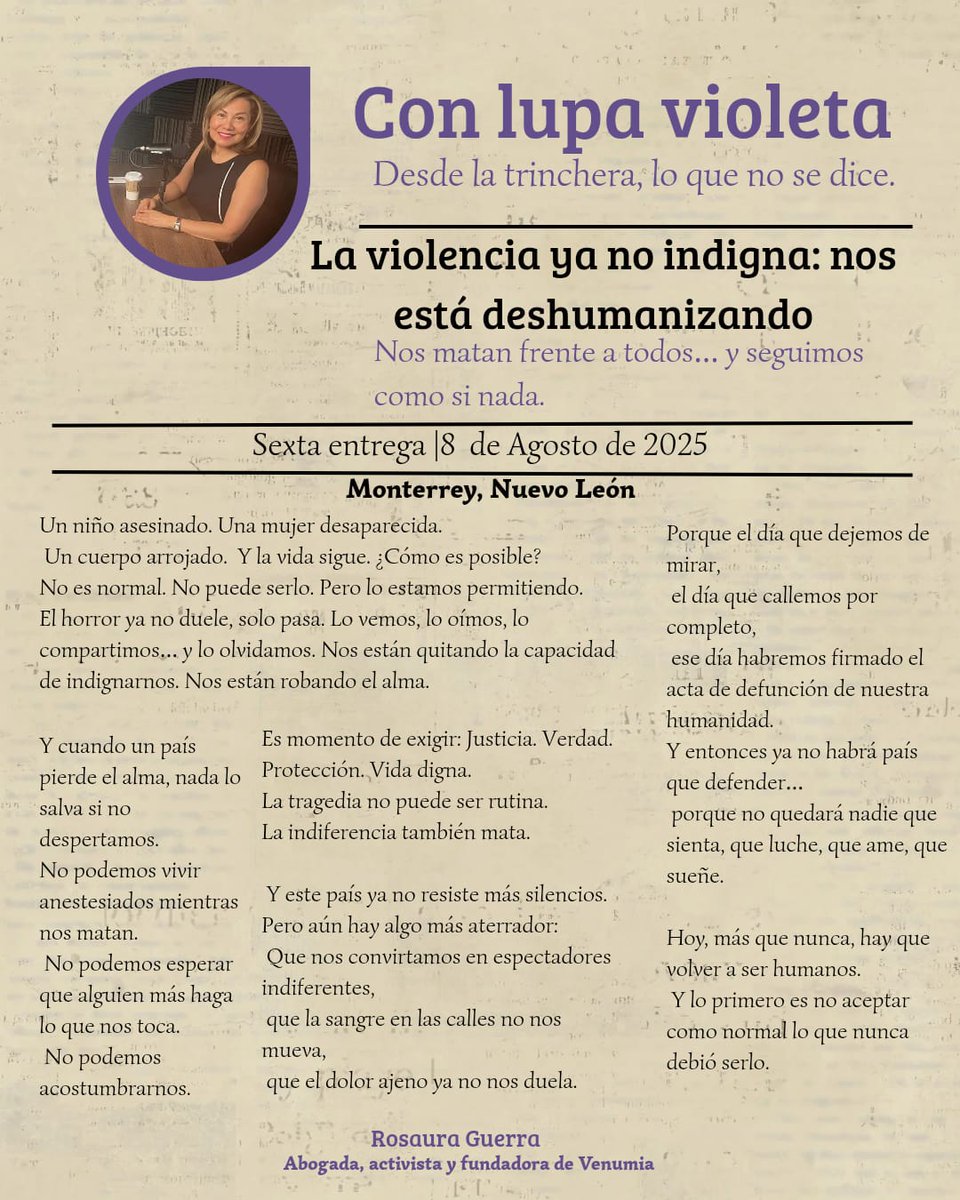 🟣 ¿Cuándo dejamos de estremecernos?
La violencia y la impunidad ya no nos sorprenden… y ese silencio nos hace cómplices.
#ConLupaVioleta #NoEsNormal #Justicia