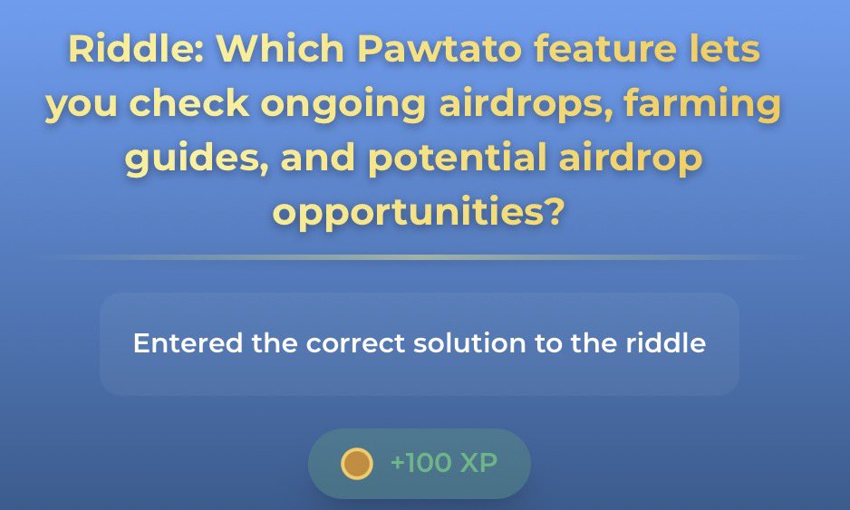 SkyAlpha.SUI (@skyalphaonsui) on Twitter photo New riddle on <a href="/PawtatoFinance/">Pawtato Finance | Sui</a>!!
Which Pawtato feature lets you check ongoing airdrops, farming guides, and potential airdrop opportunities?
Answer is “Airdrops”. New riddle on <a href="/PawtatoFinance/">Pawtato Finance | Sui</a>!!
Which Pawtato feature lets you check ongoing airdrops, farming guides, and potential airdrop opportunities?
Answer is “Airdrops”.
