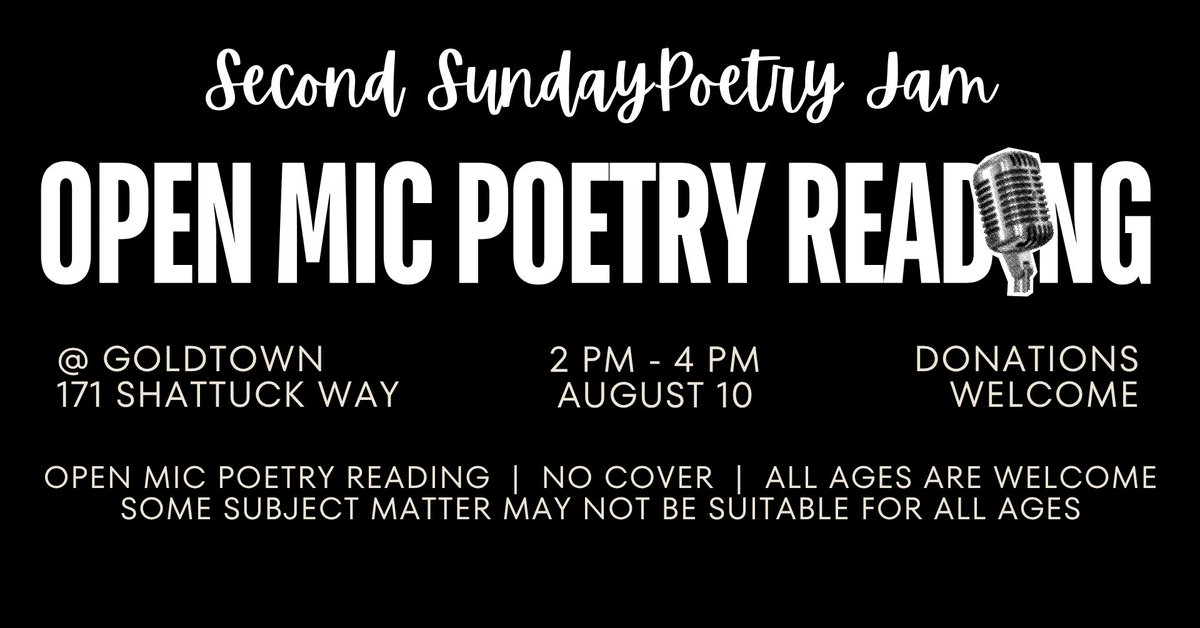 It's that time of the month again, Second Sunday Poetry Jam, Juneau's only semi-regular monthly poetry open mic at <a href="/GoldTownTheater/">Gold Town Theater</a> in Downtown Juneau.

2 p.m. to 4 p.m., Sunday, August 10, 2025, at Goldtown Nickelodeon Theater, downtown Juneau.

The event is free!