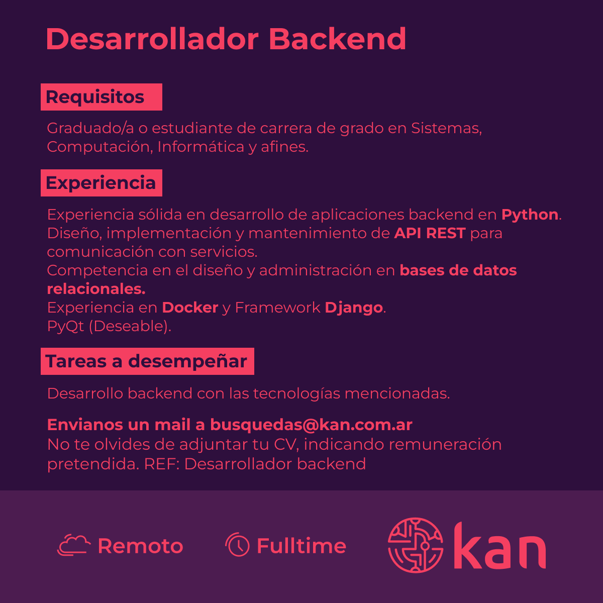 Kan (@kanterritoryit) on Twitter photo En Kan buscamos Desarrollador/a Backend 🖥️ Python, Django, API REST. 100% remoto, fulltime. CV a busquedas@kan.com.ar REF: Backend #ITJobs #Python #Django #Remoto #EmpleoTech En Kan buscamos Desarrollador/a Backend 🖥️ Python, Django, API REST. 100% remoto, fulltime. CV a busquedas@kan.com.ar REF: Backend #ITJobs #Python #Django #Remoto #EmpleoTech