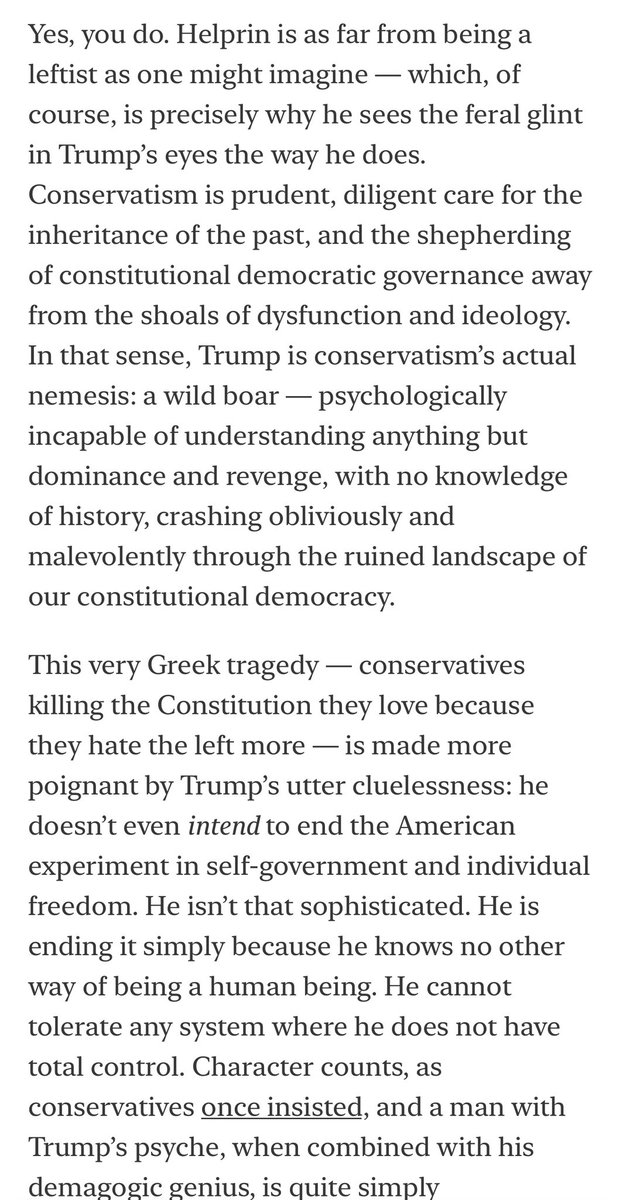 Andrew Sullivan: “Trump is conservatism’s actual nemesis: a wild boar — psychologically incapable of understanding anything but dominance and revenge, with no knowledge of history, crashing obliviously and malevolently through the ruined landscape of our constitutional democracy.