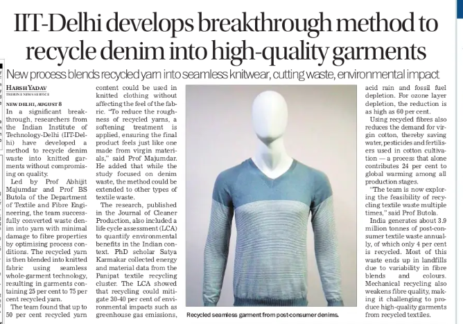 KaliKamlesh's tweet image. ♻️👖 #IITDelhi turns denim waste into fashion gold!   New tech recycles jeans into seamless knitwear—up to 75% reused yarn, zero compromise on quality. Cuts emissions by 30–60%, saves water &amp;amp; cotton. #TextileReform #SustainableFashion #GreenTech #CircularEconomy #InnovationIndia