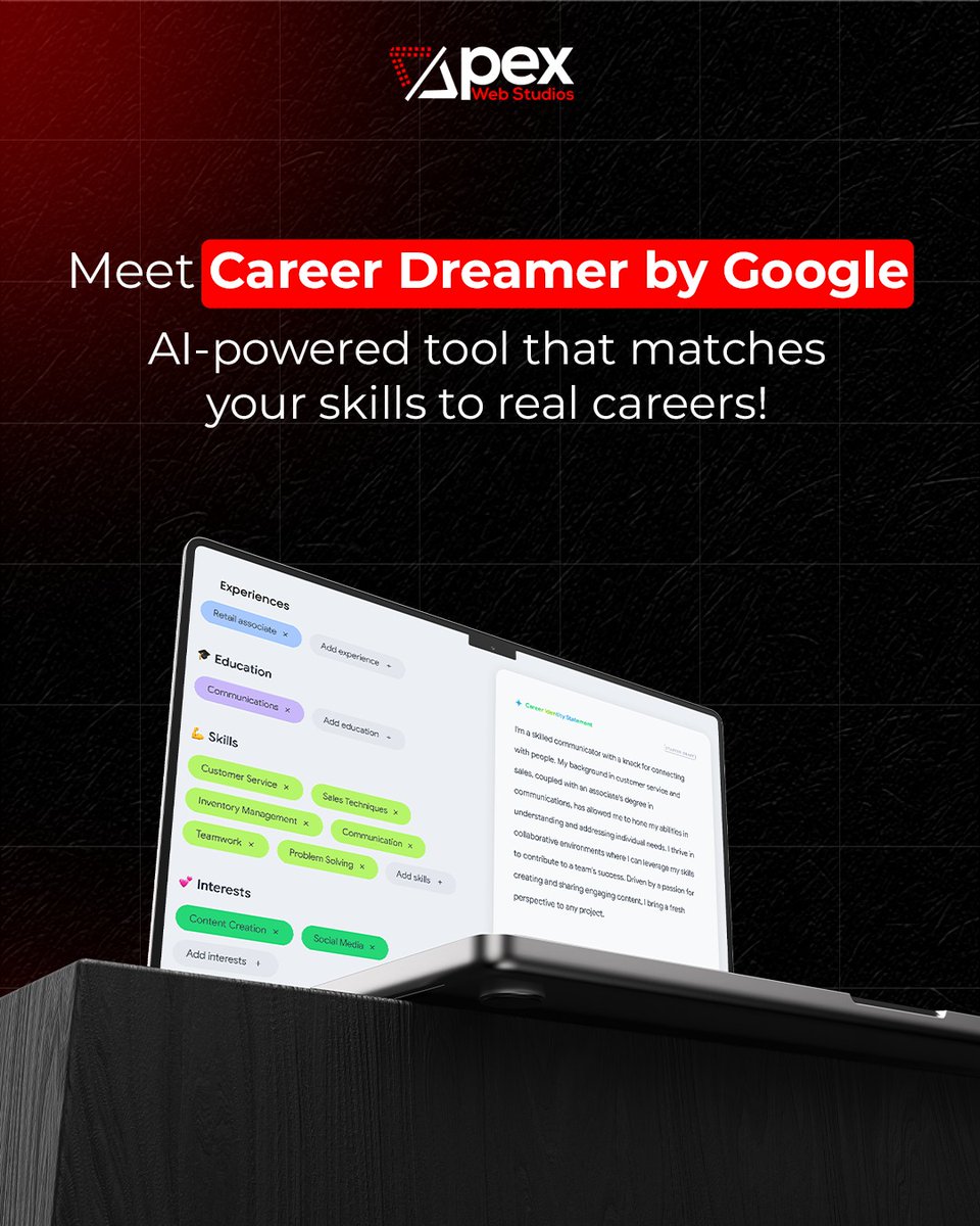 ApexWebStudios's tweet image. Feeling stuck on your career path? 🤔

Check out Career Dreamer by Google — a free AI tool that matches your skills &amp;amp; passions with real career options.
Not a boring quiz… it actually gets you. 🙌
Takes 5 mins → grow.google/career-dreamer/
#CareerDreamer #GoogleAI #CareerAdvice