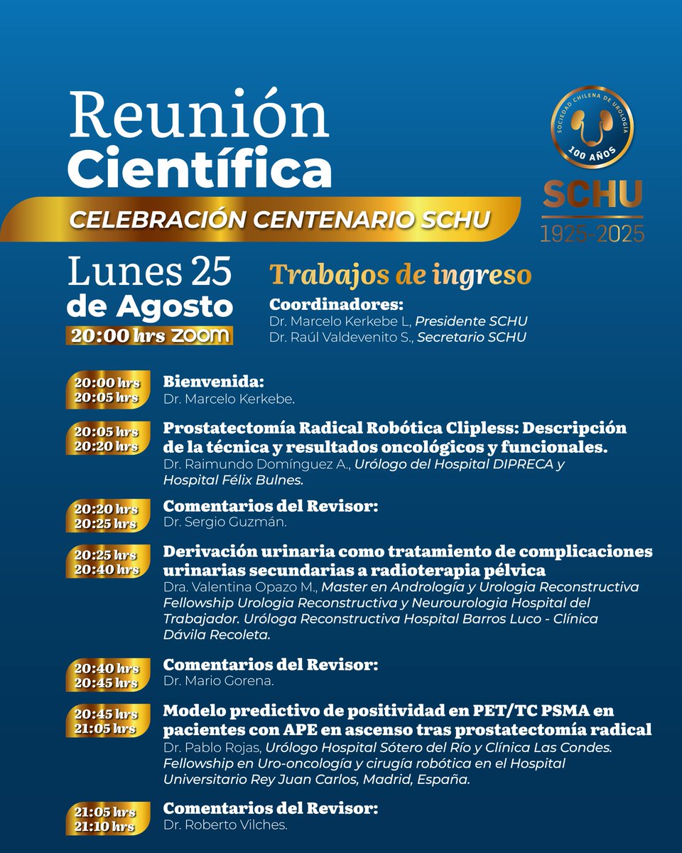 Sociedad Chilena de Urología (@urolchi) on Twitter photo 📅 El 25 de agosto de 1925 nació la Sociedad Chilena de Urología.
Como parte de las celebraciones por este hito, realizaremos la Reunión Científica Centenario, donde se presentarán los trabajos de ingreso para socios titulares.
Inscripciones 👉urologiachile@schu.cl 📅 El 25 de agosto de 1925 nació la Sociedad Chilena de Urología.
Como parte de las celebraciones por este hito, realizaremos la Reunión Científica Centenario, donde se presentarán los trabajos de ingreso para socios titulares.
Inscripciones 👉urologiachile@schu.cl