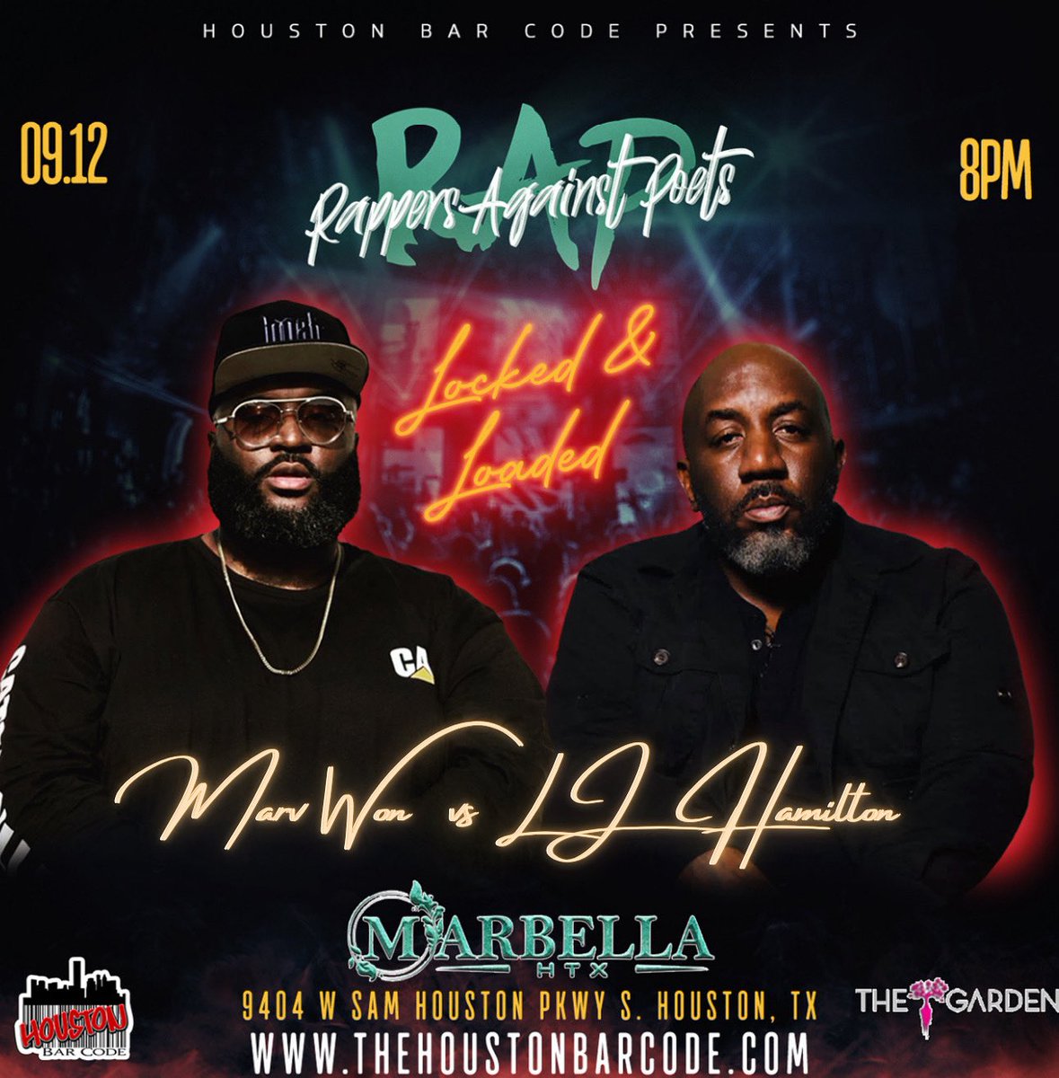 HoustonBarCode (@houstonbarcode) on Twitter photo When bars meets bars the heavyweights collide to give the greatest punches🤜🏾🥊 <a href="/marvwon/">The Finish Line.</a> 🆚 @officialljhamilton ‼️ 🔥 Sep 12th at Rappers Against Poets !!! Get tickets 🎫 TheHoustonBarCode.com 🎫 #Houston #Texas #Rap #Poetry #Art #Culture When bars meets bars the heavyweights collide to give the greatest punches🤜🏾🥊 <a href="/marvwon/">The Finish Line.</a> 🆚 @officialljhamilton ‼️ 🔥 Sep 12th at Rappers Against Poets !!! Get tickets 🎫 TheHoustonBarCode.com 🎫 #Houston #Texas #Rap #Poetry #Art #Culture