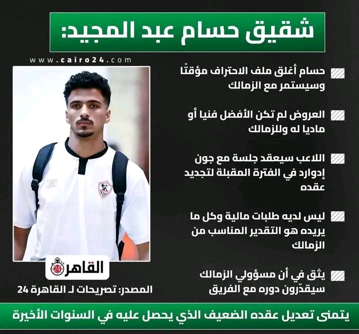 احمد الاسناوي (@a7_mdc) on Twitter photo بداية دوري مبشره
الفريق فيه استقرار
حسام عبدالمجيد مستواه نزل
بيفكرني بزيزو آخر ايامه
نتمنى نشتغل عليه لتجديد عقده لانه الأهلي بيكلمه يوميا والخطيب عايزه
ياإدارةالزمالك خلصو وجددو لحسام عبدالمجيد او جمدوه مش عايزين نكرر غلطةزيزو <a href="/HusseinLabib9/">Hussein Labib</a>
<a href="/ramy4ibrahim/">رامي نصوحي</a>
<a href="/AAdham62633/">Amr Adham</a>
<a href="/ASoliman/">AhmedSoliman</a> بداية دوري مبشره
الفريق فيه استقرار
حسام عبدالمجيد مستواه نزل
بيفكرني بزيزو آخر ايامه
نتمنى نشتغل عليه لتجديد عقده لانه الأهلي بيكلمه يوميا والخطيب عايزه
ياإدارةالزمالك خلصو وجددو لحسام عبدالمجيد او جمدوه مش عايزين نكرر غلطةزيزو <a href="/HusseinLabib9/">Hussein Labib</a>
<a href="/ramy4ibrahim/">رامي نصوحي</a>
<a href="/AAdham62633/">Amr Adham</a>
<a href="/ASoliman/">AhmedSoliman</a>