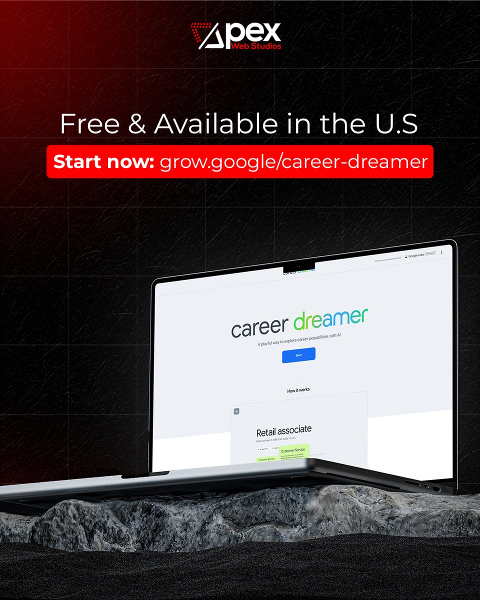 ApexWebStudios's tweet image. Feeling stuck on your career path? 🤔

Check out Career Dreamer by Google — a free AI tool that matches your skills &amp;amp; passions with real career options.
Not a boring quiz… it actually gets you. 🙌
Takes 5 mins → grow.google/career-dreamer/
#CareerDreamer #GoogleAI #CareerAdvice