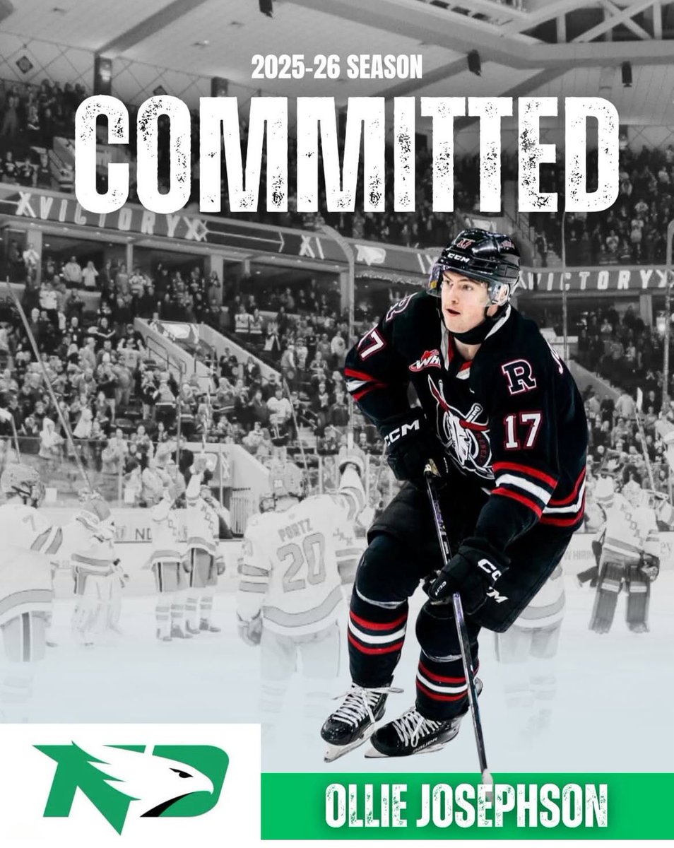 🚨 BREAKING 🚨 

North Dakota has received a commitment from 4 ⭐️ recruit Ollie Josephson. The 6’0 centerman out of British Columbia had 35 points in 48 games for the WHLs Red Deer Rebels last season and is a 4th round draft pick of the Seattle Kraken.