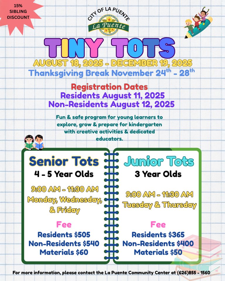 CityofLaPuente's tweet image. Help your little one build confidence and skills in a safe, supportive environment filled with hands-on fun, creative learning, and caring guidance.

Registration dates:
Residents: Aug 11th | Non-residents: Aug 12th

#LaPuente #TinyTots #FallSession #PreschoolPrep #Community