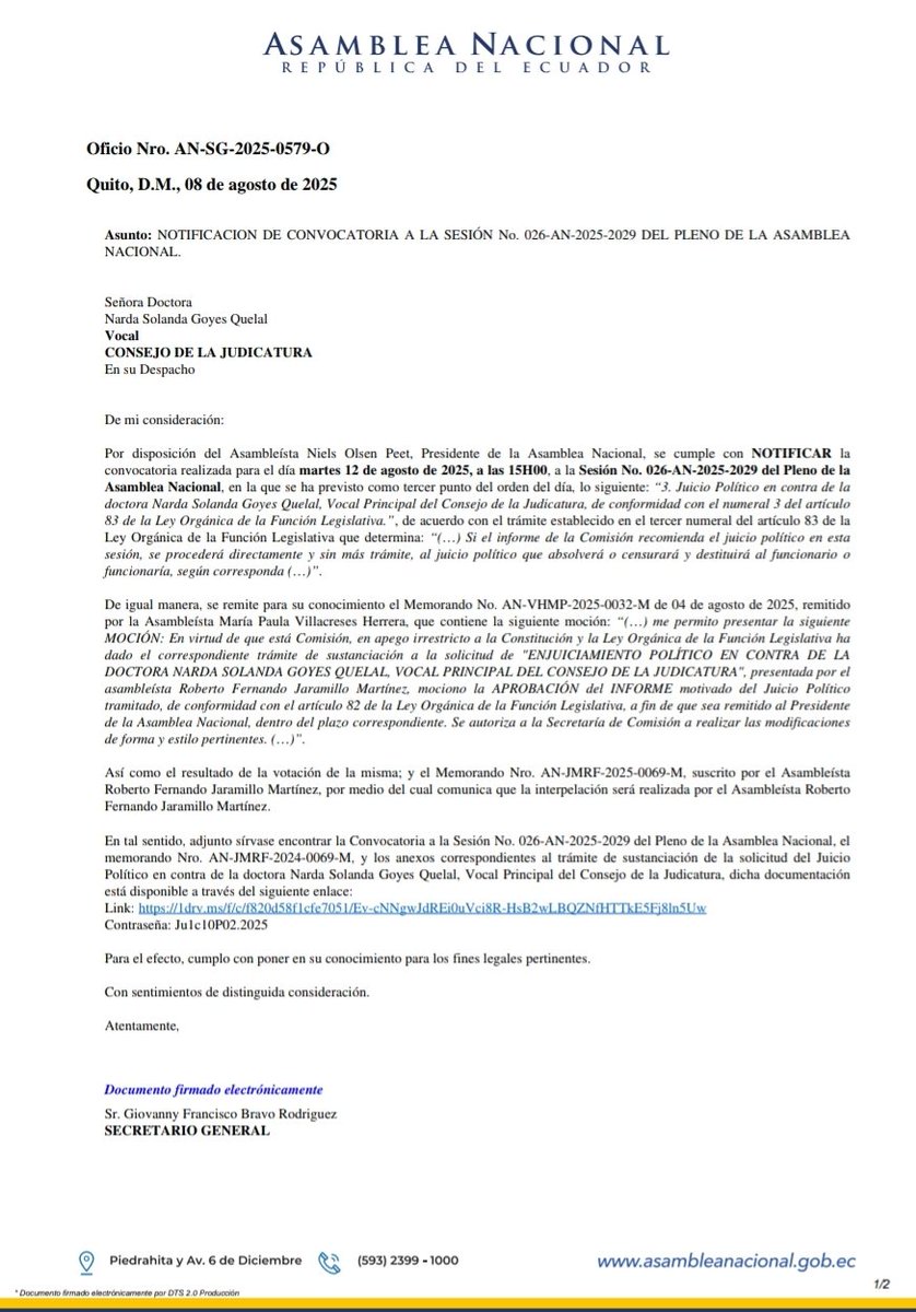 Hoy he sido convocada al Pleno de la Asamblea Nacional para comparecer el día martes 12 de agosto de 2025, a las 15h00, en el infundado juicio político que se sigue en mi contra.
Acudiré con todo gusto para decir la verdad de la situación actual del sistema judicial!
