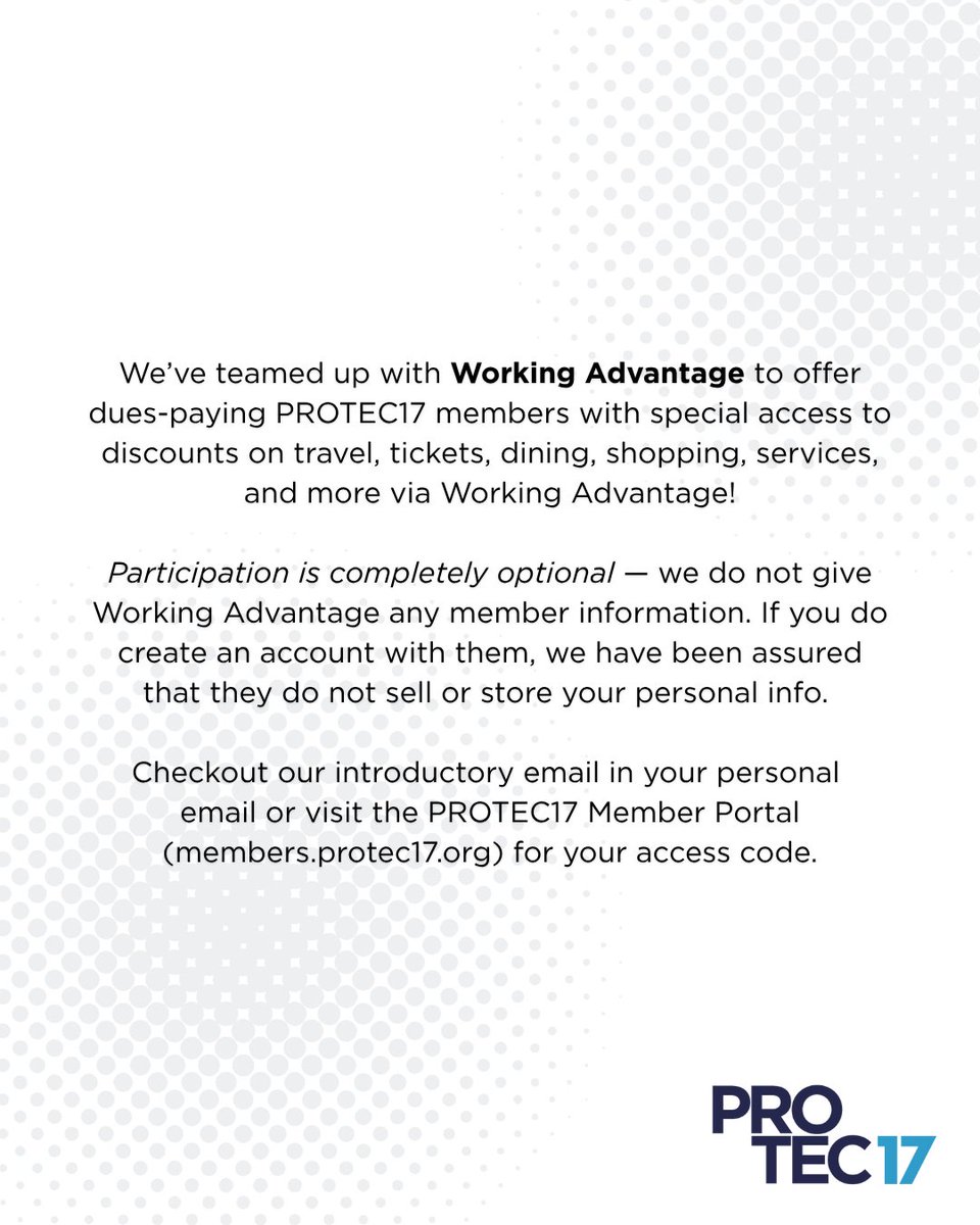 PTE17's tweet photo. Earlier this summer, we launched a partnership w/Working Advantage! We're excited to offer a new #MemberBenefit &amp; continue making the #UnionDifference even better! 💸

Check your personal email for the subject, "*NEW* PROTEC17 Member Benefit Discount Program!" for code &amp; deets! https://t.co/IRHdwf1c1Q