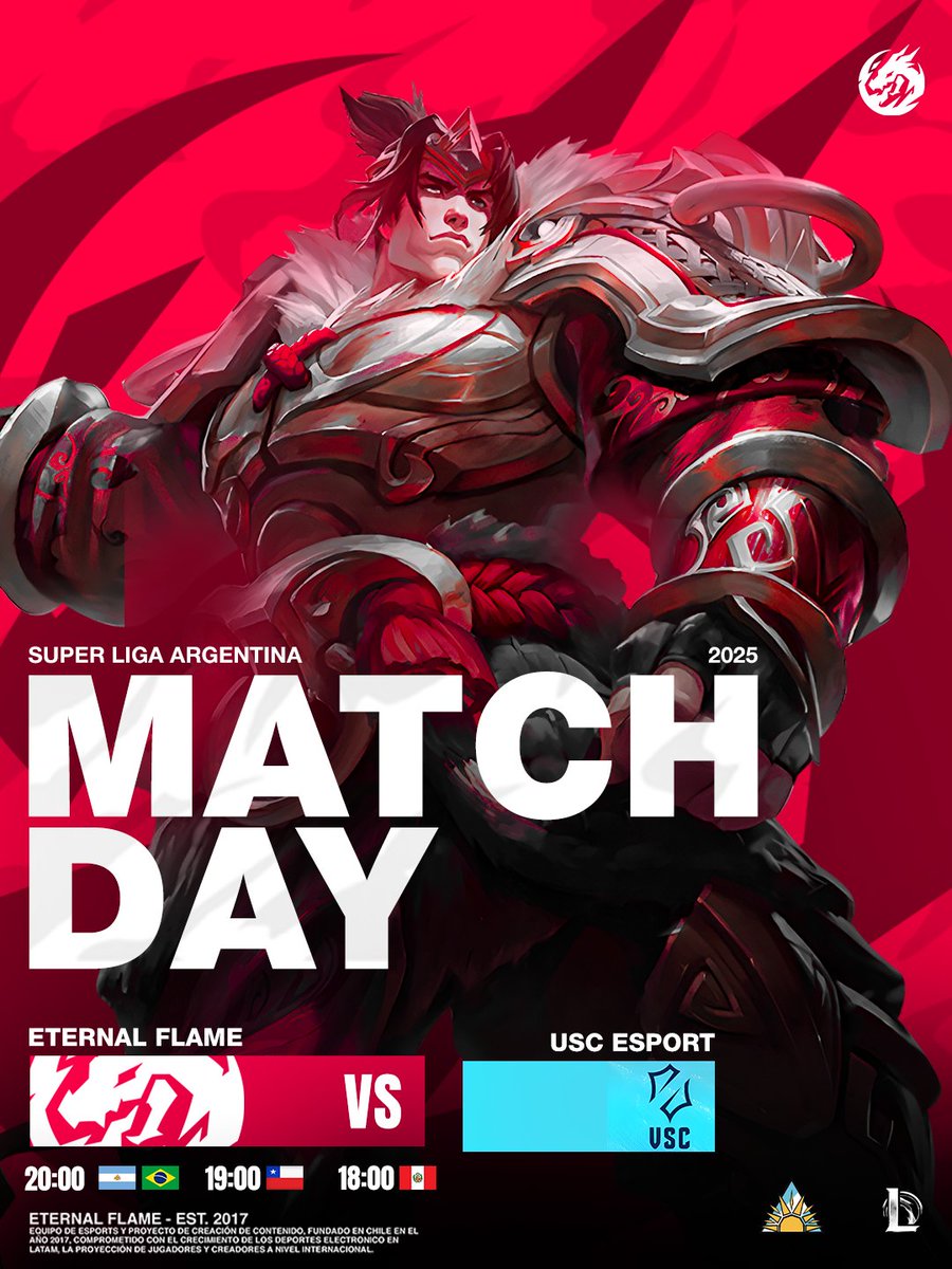 Eternal Flame (@eternalflamecl) on Twitter photo Nuestra escuadra de League of Legends también estará jugando
Matchday vs #USCesports por la <a href="/SuperLigaAG/">SUPER LIGA ARGENTINA GAMING</a>
#GOEF Nuestra escuadra de League of Legends también estará jugando
Matchday vs #USCesports por la <a href="/SuperLigaAG/">SUPER LIGA ARGENTINA GAMING</a>
#GOEF