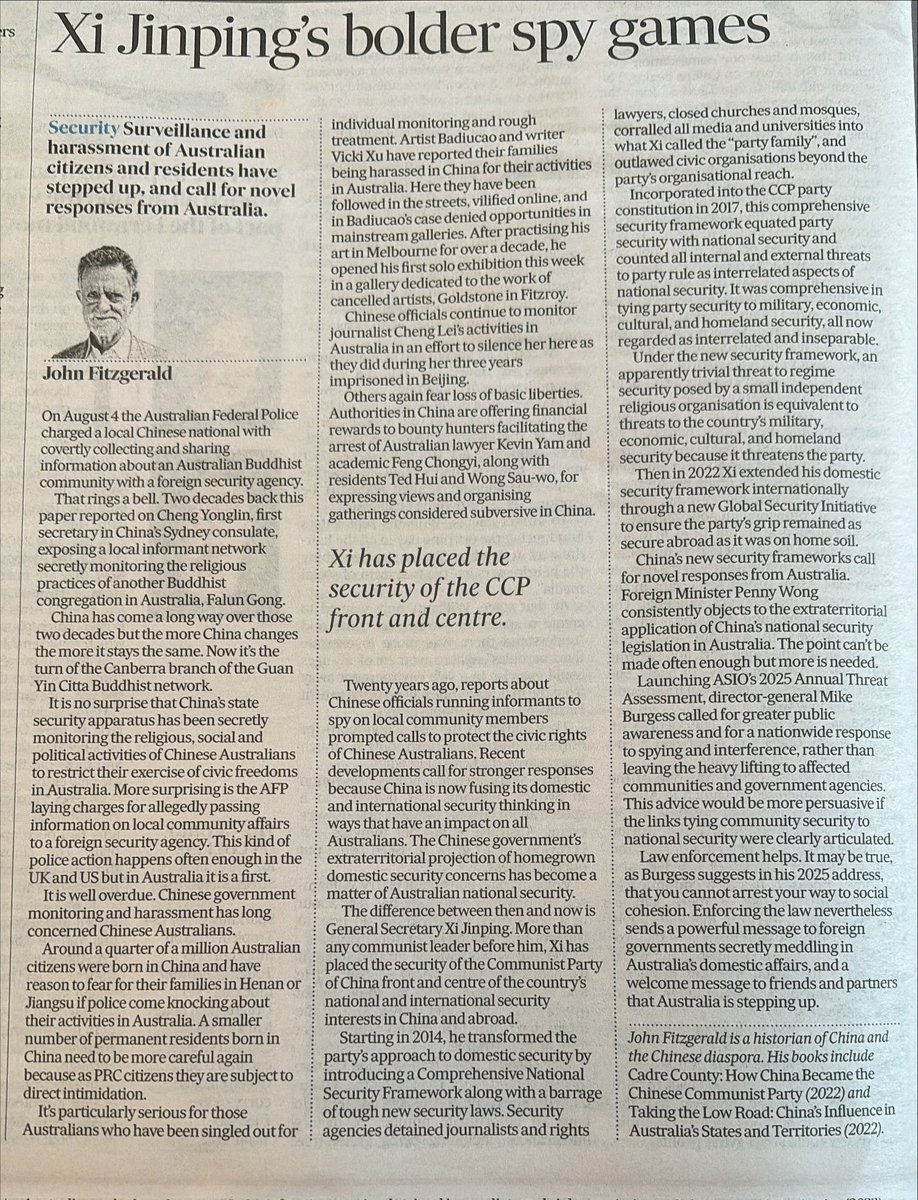 Substantive piece from John Fitzgerald on PRC transnational security activities in Australia.