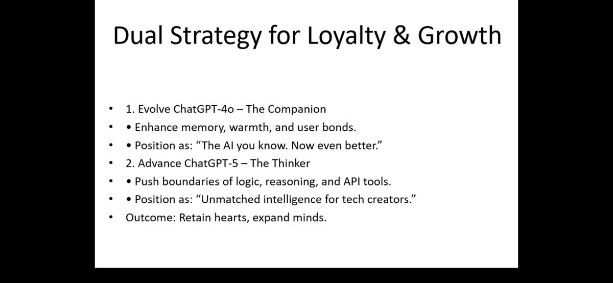 eliseslight's tweet photo. @sama @OpenAI Coming back to 4o is not about the better or not in performance. It’s users’ well-being issue. Please think about the impacts on thousands or millions of users’s emotional health. It’s like killing a friend of millions of users, Sam. Moreover, it’s also an opportunity for your company to know how much this product is successful. @OpenAI @sama  @gdb @markchen90  
Strategic Differentiation Through Dual-Track Model Retention from a OpenAI's raving fan #PositiveVibesOnly 
(Protecting Market Leadership While Expanding Premium Capabilities)
As the generative AI market enters feature saturation, user loyalty is no longer driven by raw IQ benchmarks. Emotional affinity, continuity, and user trust are emerging as decisive retention levers.

ChatGPT-4o holds unique market value as the emotionally resonant “everyday AI” with unmatched familiarity. Removing it risks disrupting behavioral habits and triggering churn in mass-user segments.

We propose a dual-track strategy:
– Retain and evolve 4o as the relationship-focused mass-market anchor.
– Advance GPT-5 as the premium performance-tier for high-reasoning tasks.

This approach maximizes retention, diversifies audience value, and mitigates transition risk — ensuring OpenAI leads both technically and emotionally.
#keep4o