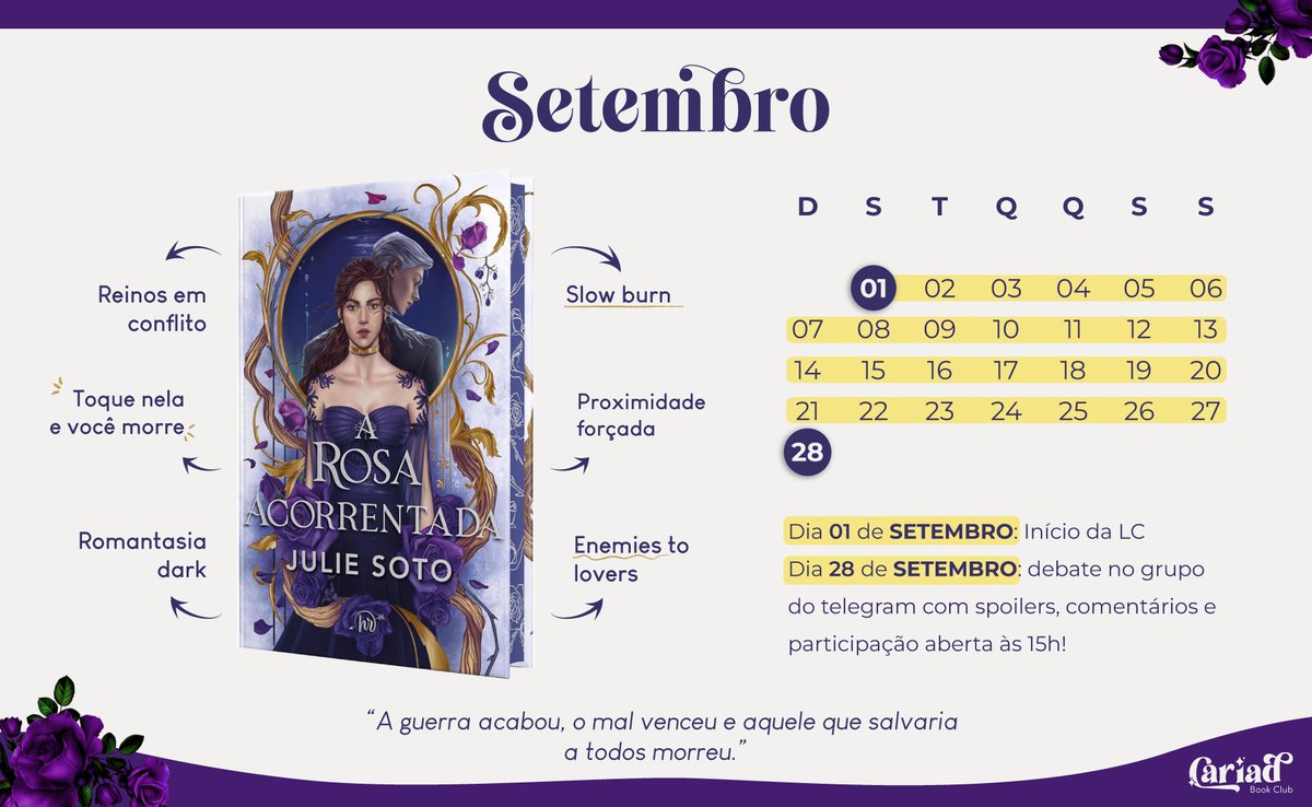 𝐍𝐚𝐭𝐡𝐲 |📖| ✨ (@lendocomnathy) on Twitter photo 🌹⛓️💥Em setembro leremos A rosa acorrentada da autora Julie Soto.
✨ A ex- princesa Briony é capturada enquanto seu castelo é invadido pelo inimigo, e vê seu mundo mudar para sempre.
📖 LC no <a href="/maratona_app/">Maratona.app</a> : maratona.social/lc/cariad-a-ro… 🌹⛓️💥Em setembro leremos A rosa acorrentada da autora Julie Soto.
✨ A ex- princesa Briony é capturada enquanto seu castelo é invadido pelo inimigo, e vê seu mundo mudar para sempre.
📖 LC no <a href="/maratona_app/">Maratona.app</a> : maratona.social/lc/cariad-a-ro…