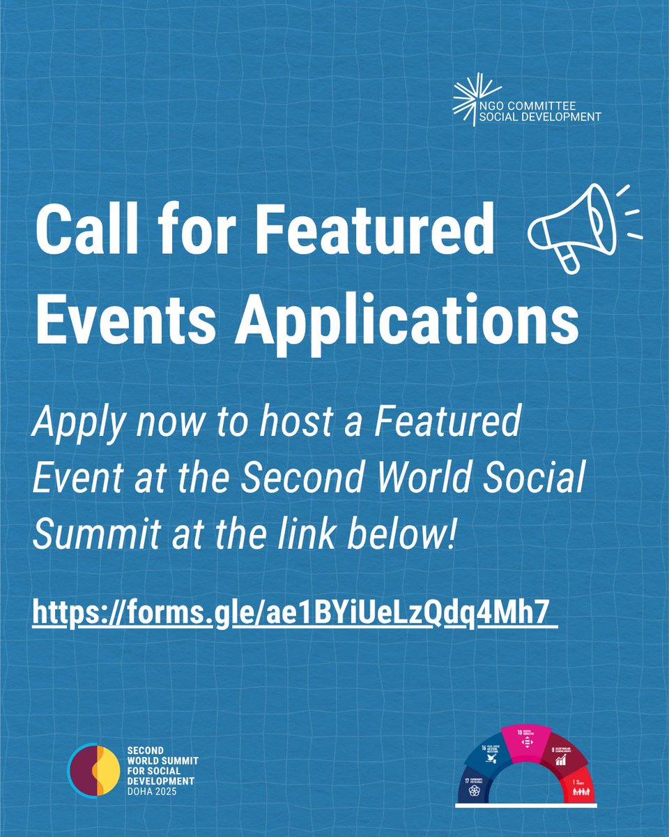 NGO Committee for Social Development (@ngocsocd) on Twitter photo The WSSD2 will take place 4–6 Nov 2025 in Doha, Qatar, where the NGO CsocD is leading the Civil Society Forum, which will feature 10 dynamic sessions inspired by the 10 Commitments of the Copenhagen Declaration
Apply here: forms.gle/ae1BYiUeLzQdq4…
<a href="/UNDESA/">UN DESA</a> <a href="/UNDESASocial/">UN DESA DISD</a> <a href="/QatarAtUN/">Qatar Mission to UN 🇶🇦</a> The WSSD2 will take place 4–6 Nov 2025 in Doha, Qatar, where the NGO CsocD is leading the Civil Society Forum, which will feature 10 dynamic sessions inspired by the 10 Commitments of the Copenhagen Declaration
Apply here: forms.gle/ae1BYiUeLzQdq4…
<a href="/UNDESA/">UN DESA</a> <a href="/UNDESASocial/">UN DESA DISD</a> <a href="/QatarAtUN/">Qatar Mission to UN 🇶🇦</a>