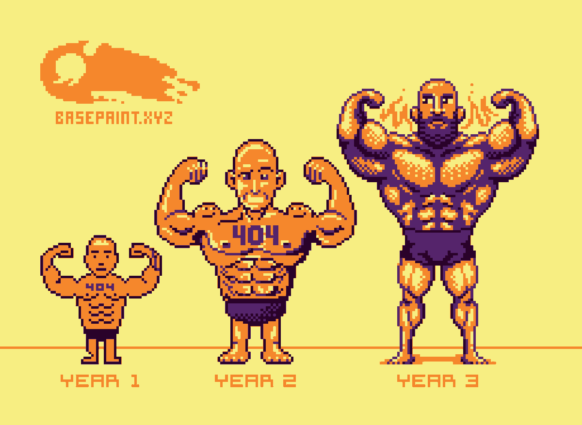Today begins the 3rd year of <a href="/basepaint_xyz/">BasePaint</a>!
I think this muscle guy from the "Day 1" canvas of each year is a great microcosm of the project's and the community's growth.
Check us out here: basepaint.xyz