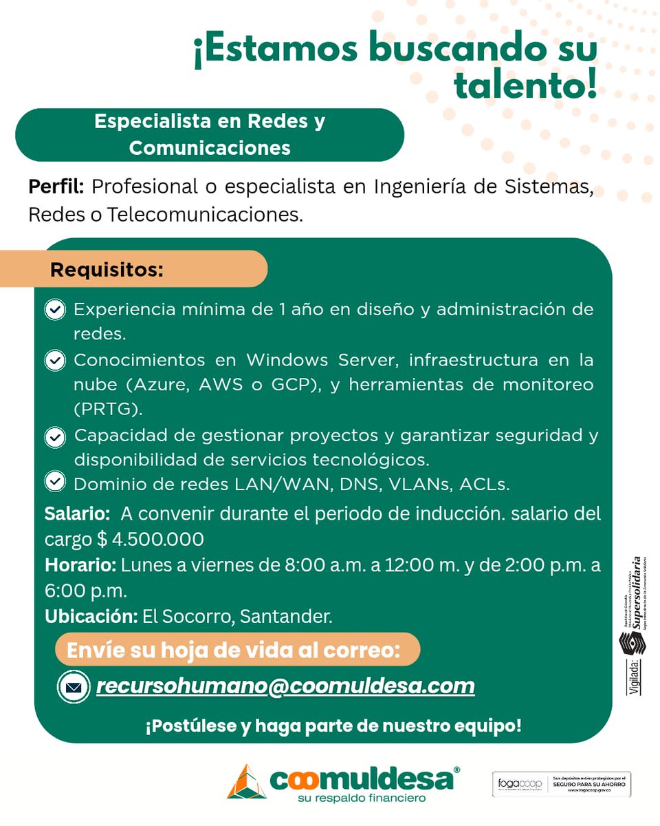 Coomuldesa's tweet image. 🚀 ¡Atención ingenieros de sistemas!
📢 Se encuentra abierta la convocatoria para vinculación directa con nuestra entidad.
Es el momento de asumir nuevos retos y continuar su crecimiento profesional en una organización sólida y en constante innovación.