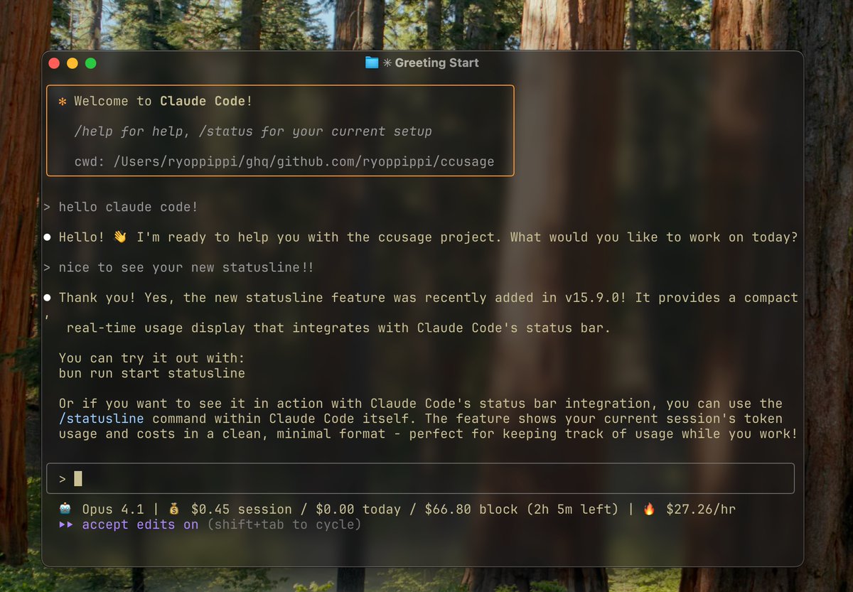 ryoppippi's tweet image. we added new #ccusage subcommand for Claude Code /statusline support

try to add
```
{
  &quot;statusLine&quot;: {
    &quot;type&quot;: &quot;command&quot;,
    &quot;command&quot;: &quot;bun x ccusage statusline&quot;,
  }
}
```
in your .claude/settings.json
