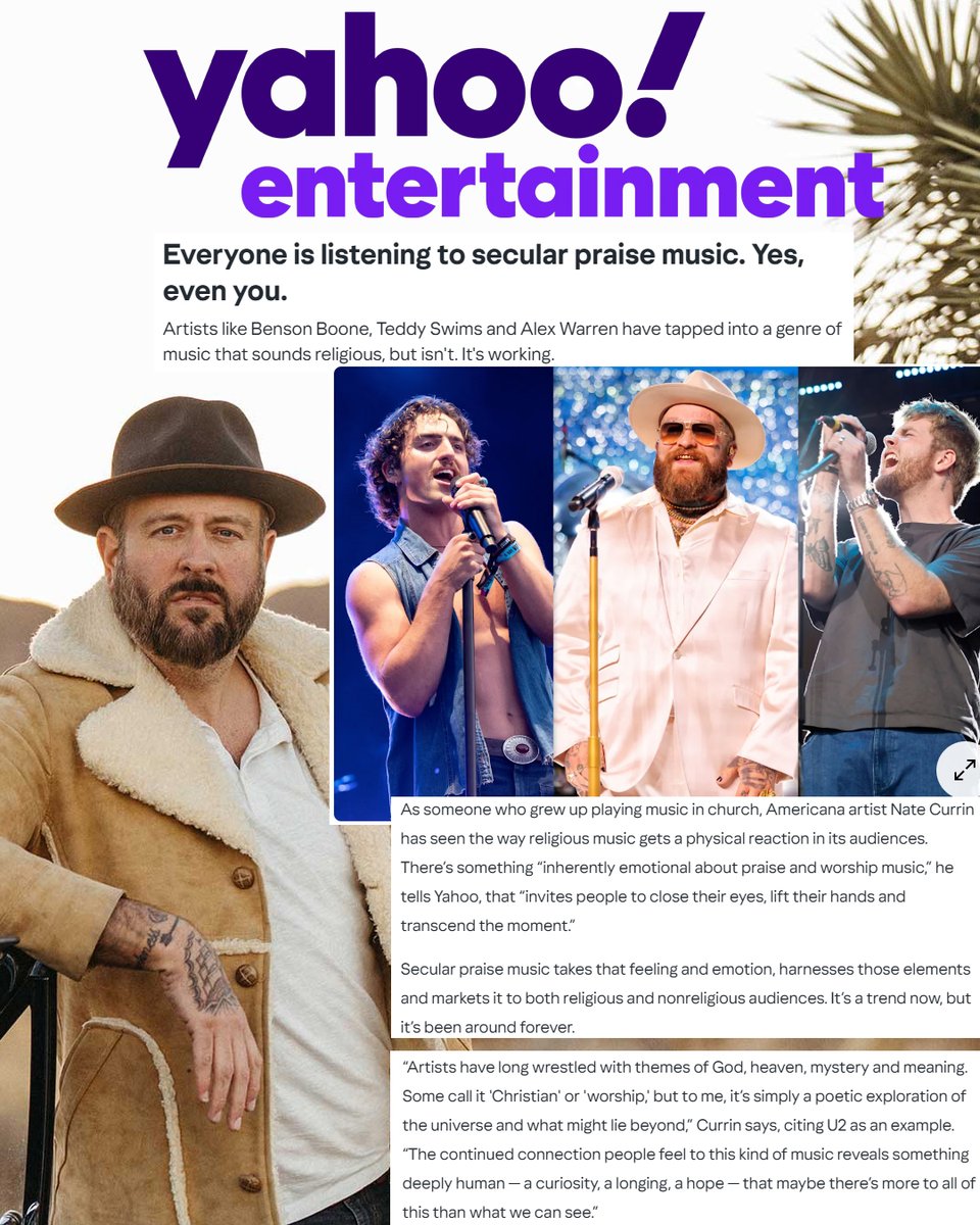 .<a href="/YahooEnt/">Yahoo Entertainment</a> interviews <a href="/natecurrin/">Nate Currin</a> for their article: Everyone is listening to secular praise music. Yes, even you. - Artists like Benson Boone, Teddy Swims and Alex Warren have tapped into a genre that sounds religious, but isn't. It's working.

yahoo.com/entertainment/…