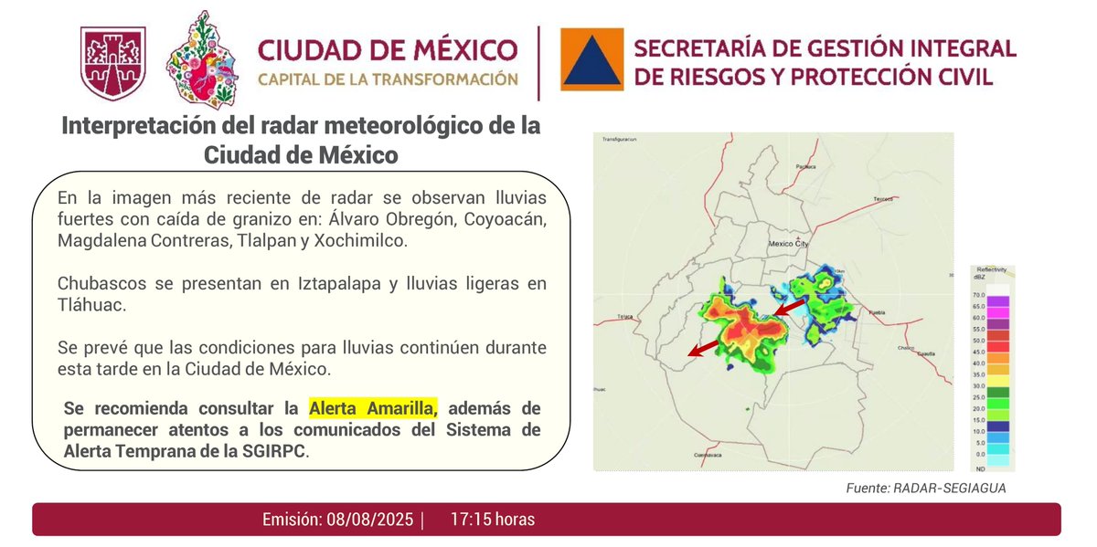 Se observan #lluvias fuertes con caída de #granizo en: <a href="/AlcaldiaAO/">Alcaldía Álvaro Obregón</a>, <a href="/Alcaldia_Coy/">Alcaldía de Coyoacán</a>, <a href="/ALaMagdalenaC/">Alcaldía La Magdalena Contreras</a>, <a href="/TlalpanAl/">Alcaldía Tlalpan</a> y <a href="/XochimilcoAl/">Alcaldía Xochimilco</a>. Chubascos en <a href="/Alc_Iztapalapa/">Alcaldía Iztapalapa</a> y #lluvias ligeras en <a href="/TlahuacRenace/">Alcaldía Tláhuac</a>. Mantente informado. #PronósticoDelTiempo #LaPrevenciónEsNuestraFuerza