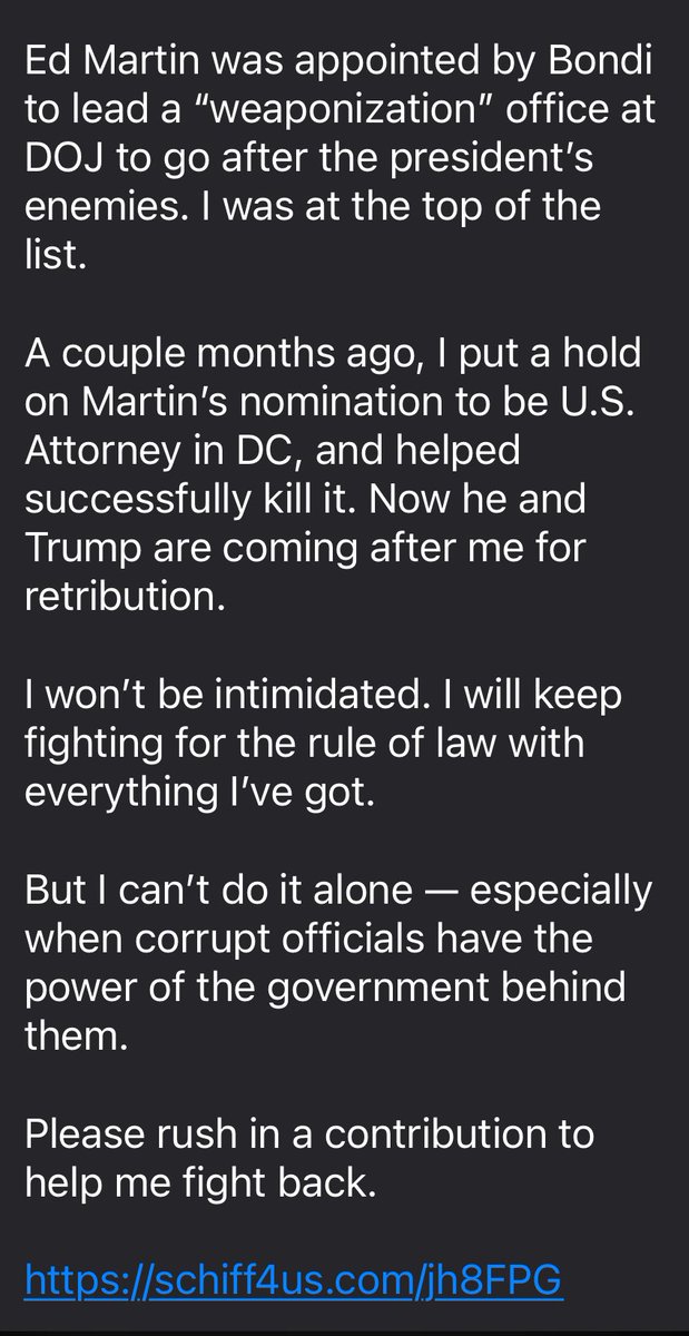 Wondering if <a href="/AdamSchiff/">Adam Schiff</a> or someone on his team can explain how rushing him a campaign donation when he isn’t up for reelection would help him “fight back” against the Trump administration.