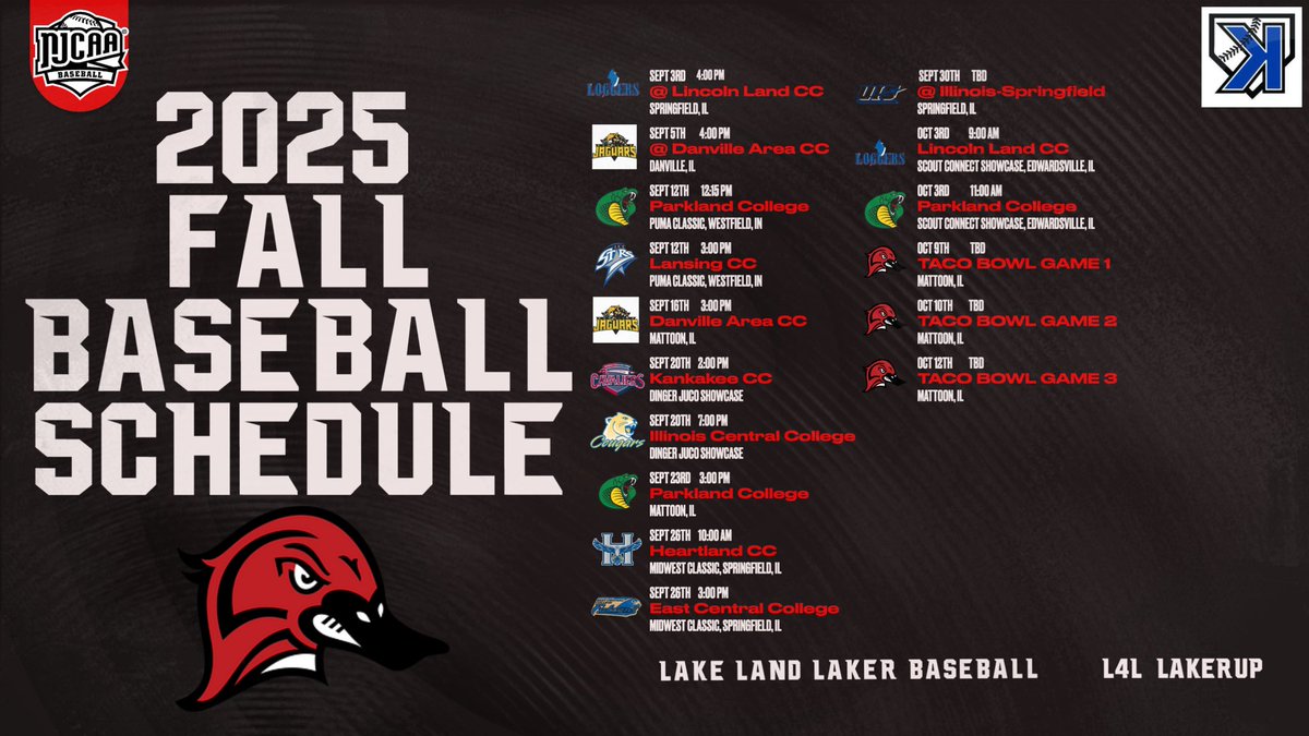 Lake Land Baseball (@llc_baseball) on Twitter photo Just a little over a week away from the 2025-26’ team arriving to campus!
As a way to celebrate, here’s the first look at our 2025 Fall Schedule. 👀
<a href="/CoachKsAcademy/">CoachKsAcademy</a> <a href="/J3Training/">J3 Training Academy</a> <a href="/The_Noah_Sharp/">Noah Sharp</a> <a href="/_TheJBB/">The JBB</a> <a href="/PB_JUCO/">Prep Baseball JUCO</a> <a href="/2YearBaseball/">2-Year Baseball</a> <a href="/TadSlowik_DBA/">Tad Slowik</a>
#L4L #LakerUp🦆 Just a little over a week away from the 2025-26’ team arriving to campus!
As a way to celebrate, here’s the first look at our 2025 Fall Schedule. 👀
<a href="/CoachKsAcademy/">CoachKsAcademy</a> <a href="/J3Training/">J3 Training Academy</a> <a href="/The_Noah_Sharp/">Noah Sharp</a> <a href="/_TheJBB/">The JBB</a> <a href="/PB_JUCO/">Prep Baseball JUCO</a> <a href="/2YearBaseball/">2-Year Baseball</a> <a href="/TadSlowik_DBA/">Tad Slowik</a>
#L4L #LakerUp🦆