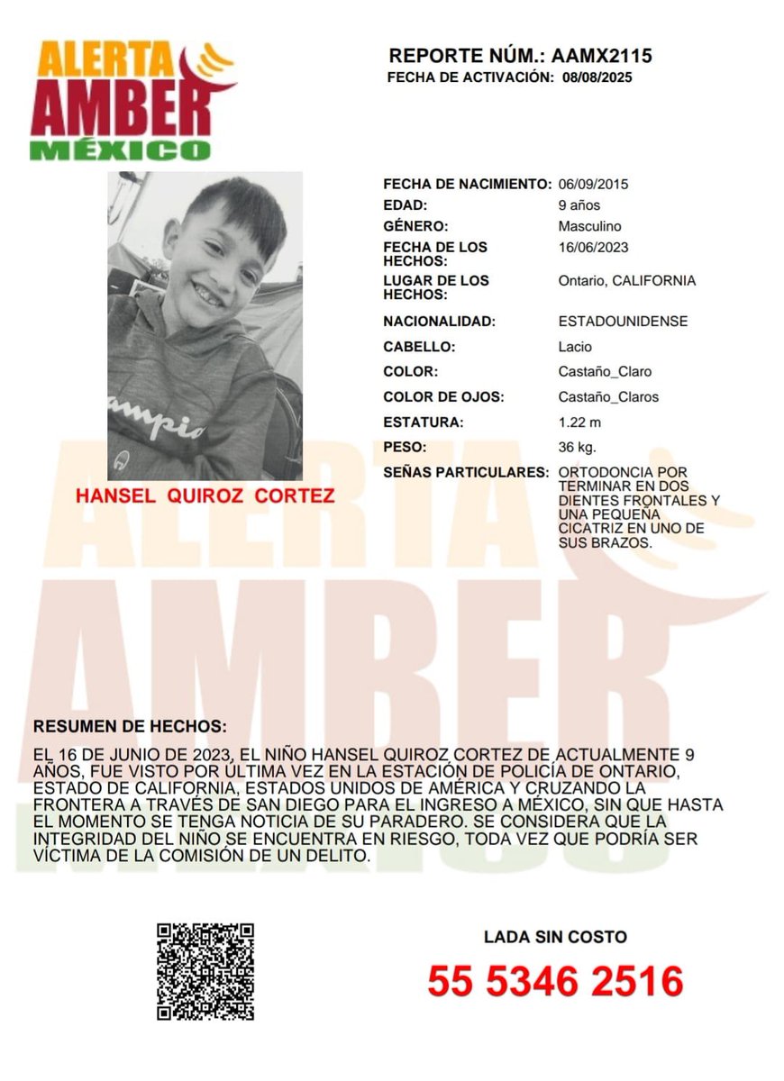 📣 Se ACTIVA #AlertaAMBER en colaboración con el estado de California, E.U.A. 

🚨 Solicitamos de su colaboración para localizar al niño HANSEL QUIROZ CORTEZ

‼️Por favor comparte‼️
#AlertaAmberMX 

*Con fundamento en el artículo 22 de los Lineamientos Generales de Operación del