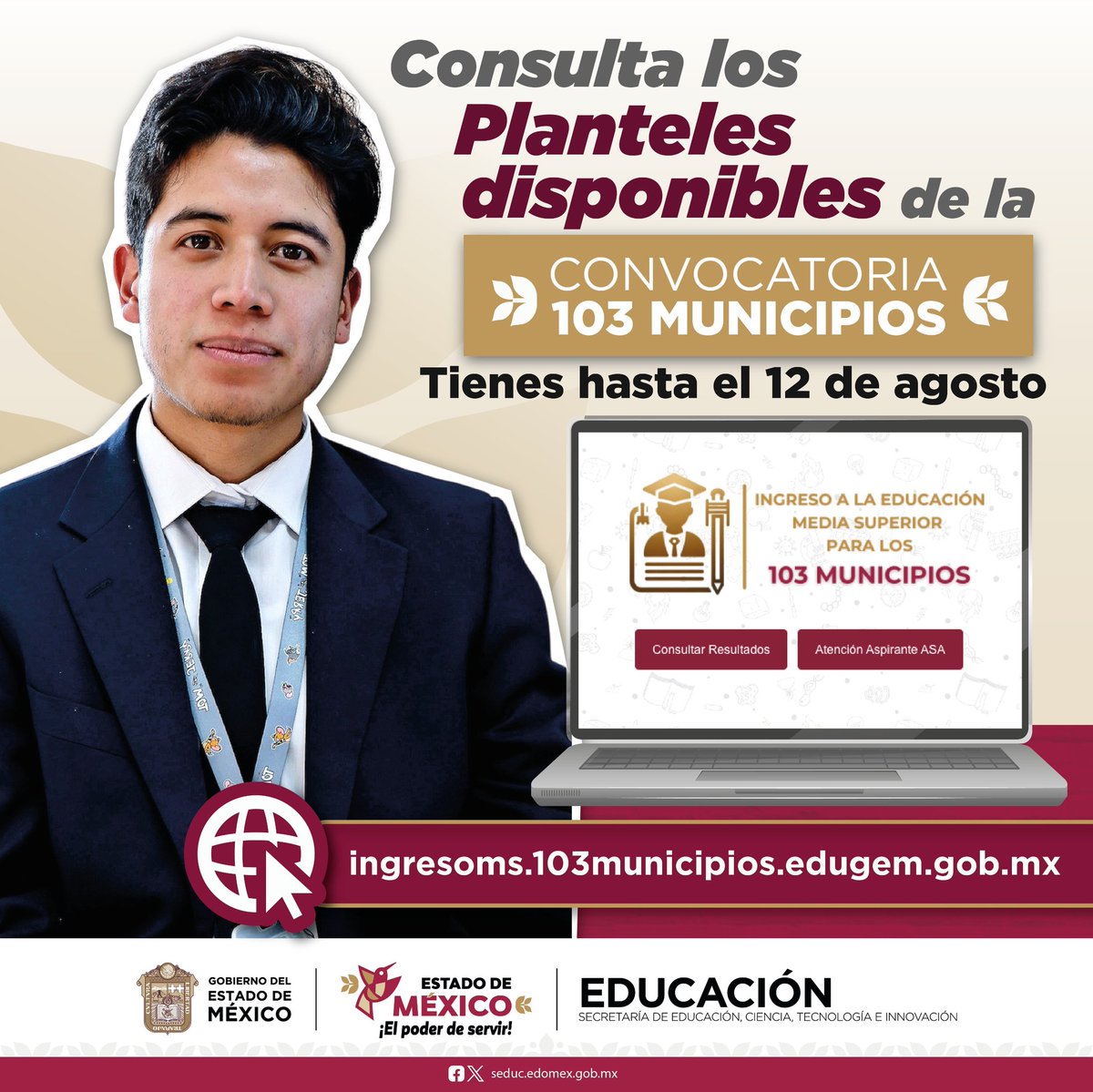 Si no fuiste asignado en la primera etapa de la convocatoria #103Municipios, del 5 al 12 de agosto podrás:
a) Consultar escuelas con espacios disponibles
b) Elegir el plantel de tu interés.
Entra a:  ingresoms.103municipios.edugem.gob.mx
¡Con tu folio y CURP podrás hacer tu solicitud!