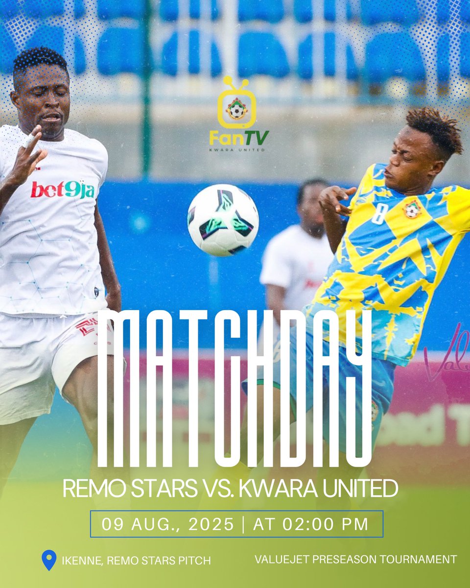 KwaraUtdFanTV's tweet photo. MATCHDAY
2025 ValueJet Preseason Tournament
The Harmony Boys will face the 2024 ValueJet defending champions and NPFL winners by 2pm TODAY in Ikenne, Remo Stars Stadium.β³π
#ValueJet2025 || #KwaraUtdπ‘βͺ https://t.co/iMM01VARZk