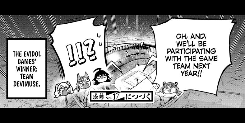 Nishi teased Team Devimuse’s roster for the next edition of the Evidol Games by having Kuromu say it would stay unchanged, meaning Ameri is very likely to return as an Evidol once more (and possibly as a Misfit this time around too).