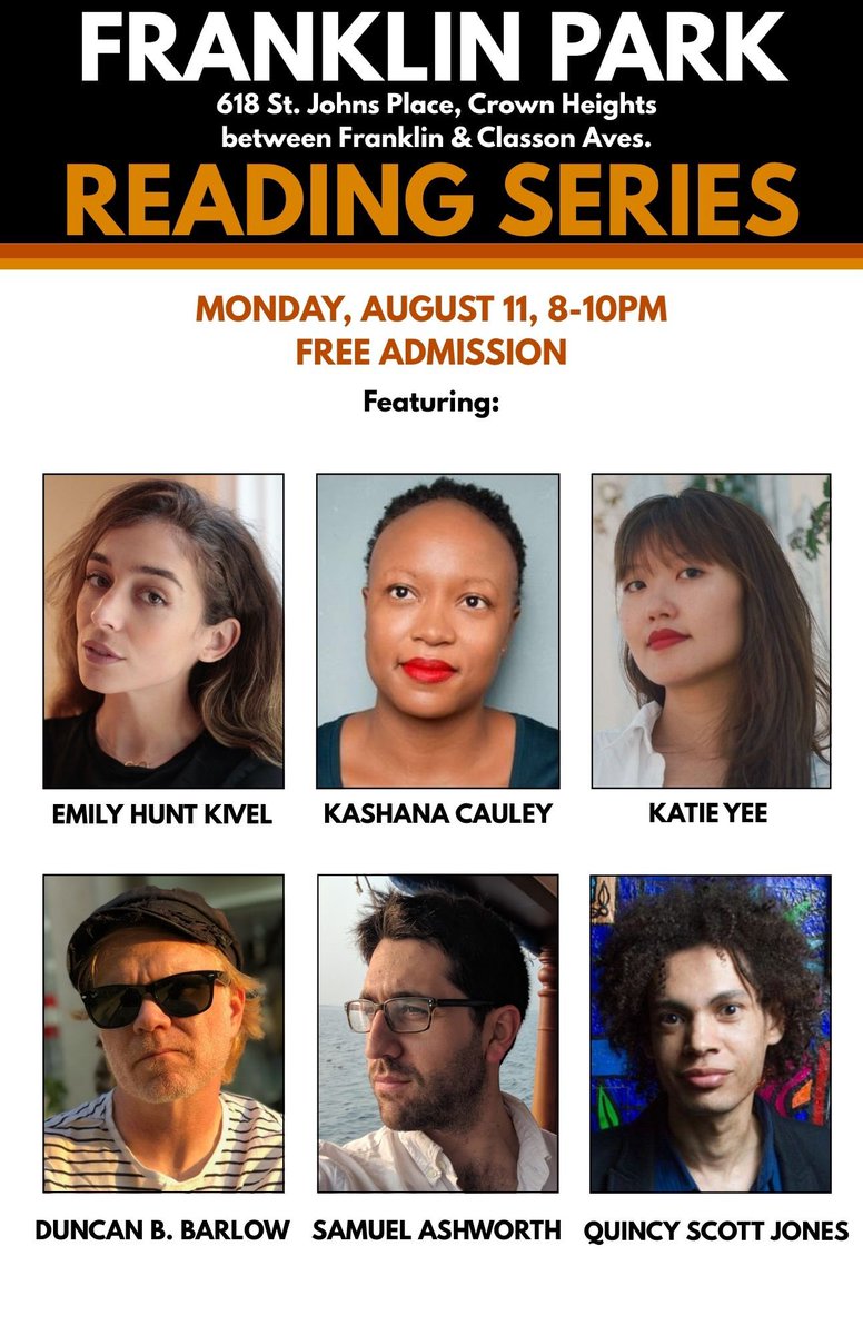 Penina Roth (@peninaroth) on Twitter photo THIS MONDAY, 8PM: Can’t wait for the <a href="/FranklinParkBK/">Franklin Park</a> Reading Series, with superstars Kashana Cauley, <a href="/prepartynap/">katie yee</a>, Emily Hunt Kivel, <a href="/SamuelAshworth/">Samuel Ashworth</a>, Duncan B. Barlow & <a href="/qscottjones/">Quincy Scott Jones</a>! #Free! facebook.com/events/s/frank… THIS MONDAY, 8PM: Can’t wait for the <a href="/FranklinParkBK/">Franklin Park</a> Reading Series, with superstars Kashana Cauley, <a href="/prepartynap/">katie yee</a>, Emily Hunt Kivel, <a href="/SamuelAshworth/">Samuel Ashworth</a>, Duncan B. Barlow & <a href="/qscottjones/">Quincy Scott Jones</a>! #Free! facebook.com/events/s/frank…