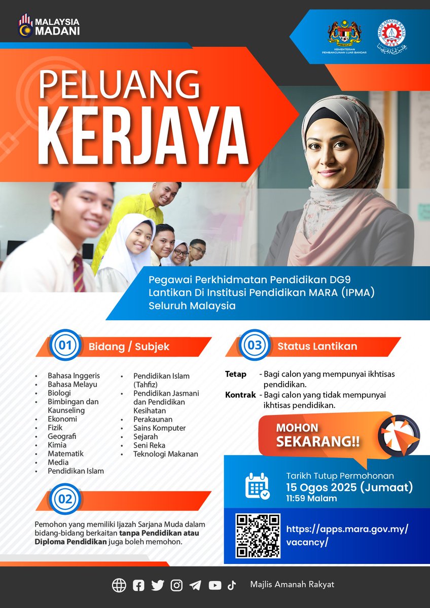 maragov's tweet photo. 𝗣𝗘𝗟𝗨𝗔𝗡𝗚 𝗞𝗘𝗥𝗝𝗔𝗬𝗔 𝗕𝗘𝗥𝗦𝗔𝗠𝗔 𝗠𝗔𝗥𝗔

MARA mempelawa individu berkelayakan dan bersemangat untuk menyertai organisasi kami dalam merealisasikan misi membangunkan masyarakat melalui sektor pendidikan. Sertailah kami untuk membina masa depan yang lebih cemerlang.

https://t.co/4rhckPlee0