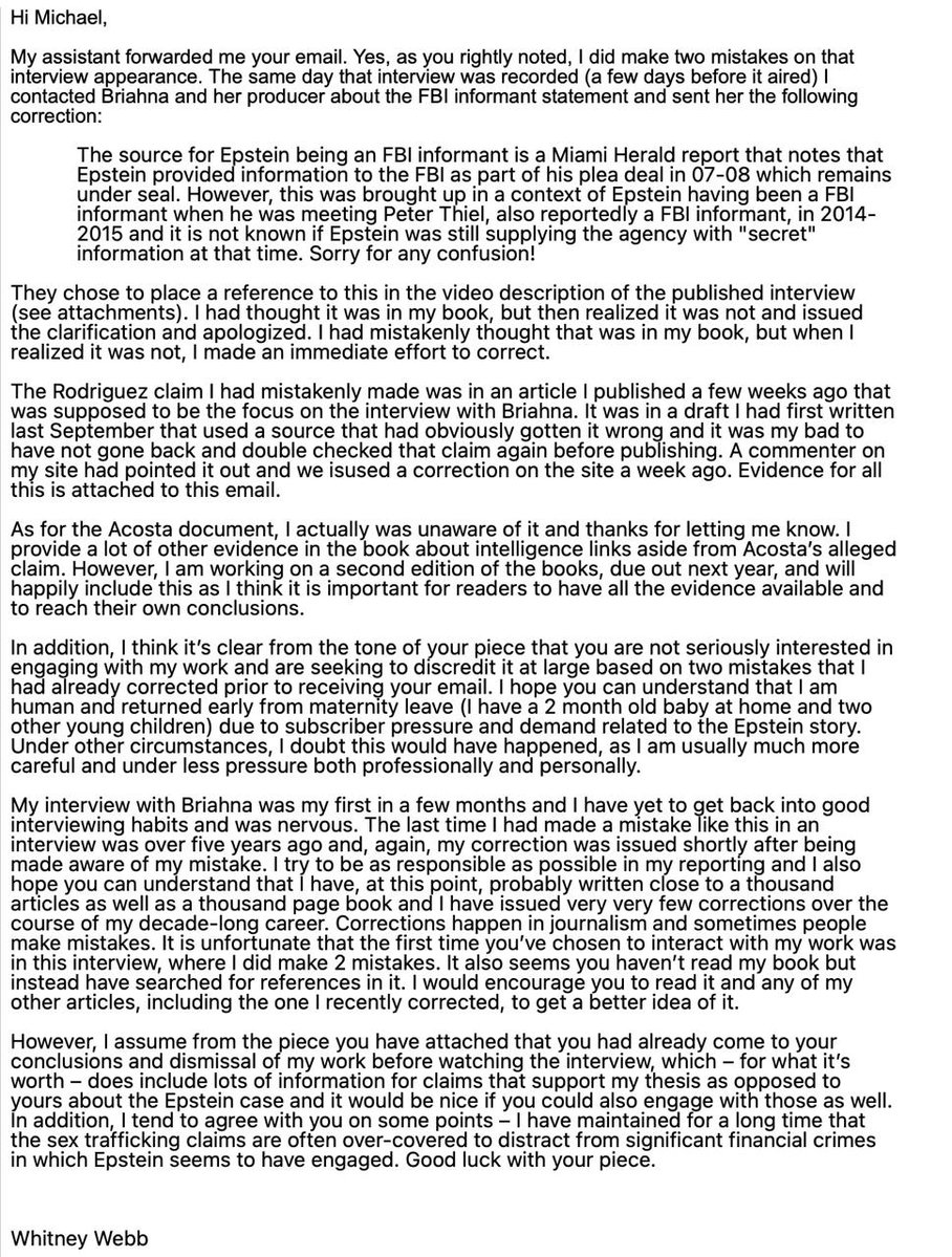 Whitney Webb (@_whitneywebb) on Twitter photo <a href="/mtracey/">Michael Tracey</a> Hi Michael, I find it unfortunate that you would paywall my response and make it appear as though I had not already corrected my errors a week+ before receiving your e-mail. I should also add that the errors I made are more minor than you imply, as the 2015 date was from a Fox <a href="/mtracey/">Michael Tracey</a> Hi Michael, I find it unfortunate that you would paywall my response and make it appear as though I had not already corrected my errors a week+ before receiving your e-mail. I should also add that the errors I made are more minor than you imply, as the 2015 date was from a Fox