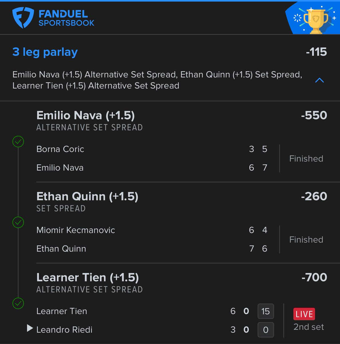 LADDER CHALLENGE DAY 5 COMPLETE!!!

💵 Day 5 ($1,100 → $2,150)

Parlay
Emilio Nava +1.5 Sets ✅
Ethan Quinn +1.5 Sets ✅
Learner Tien +1.5 Sets ✅

First 5 Ppl get 50% OFF VIP &amp; Ladder Day 5 ⬇️

dubclub.win/r/p/pri-29f27/…

Drop a LIKE if you’re CLIMBING ❤️‍🔥