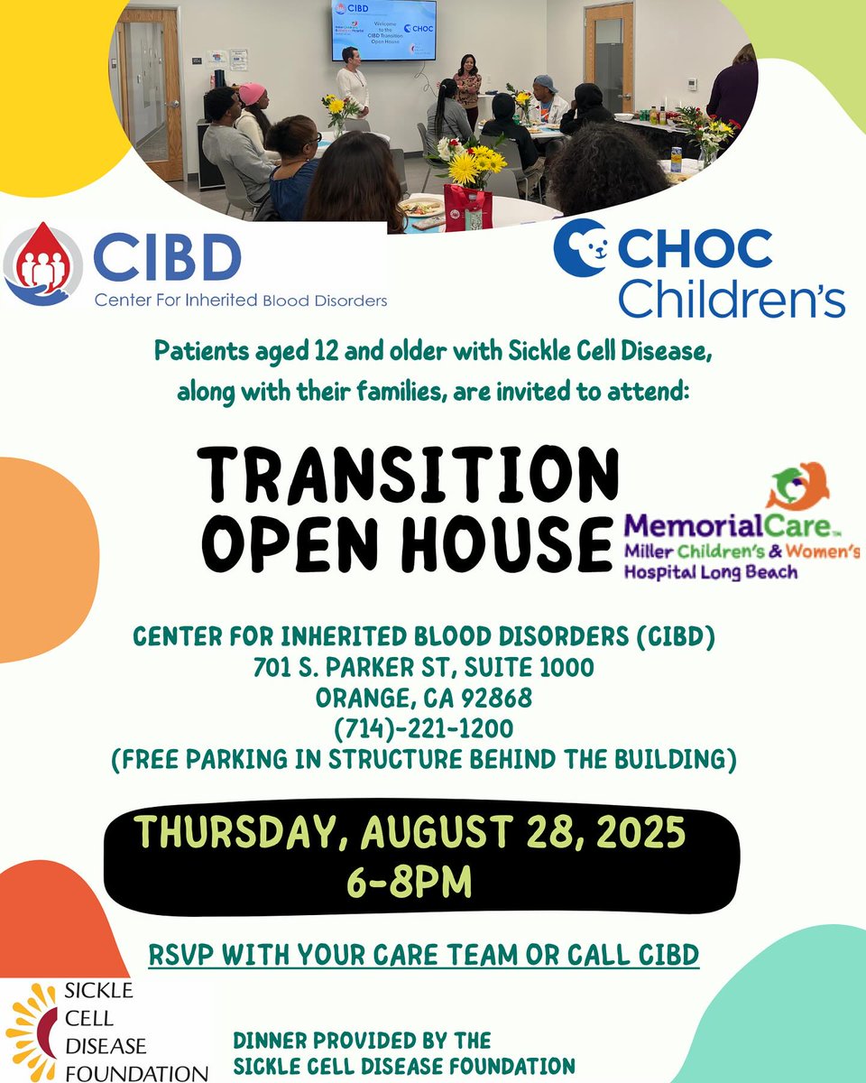 Networking California for Sickle Cell Care (@thencscc) on Twitter photo Attention families with teens & young adults living with SCD:
You’re invited to <a href="/SCDFoundation/">Sickle Cell Disease Foundation</a>'s Transition Open House on August 28, 6–8 PM. Meet the CIBD team, learn about transitioning to adult care, & get expert guidance.
To learn more and RSVP visit:
tinyurl.com/mttyj8s3 Attention families with teens & young adults living with SCD:
You’re invited to <a href="/SCDFoundation/">Sickle Cell Disease Foundation</a>'s Transition Open House on August 28, 6–8 PM. Meet the CIBD team, learn about transitioning to adult care, & get expert guidance.
To learn more and RSVP visit:
tinyurl.com/mttyj8s3